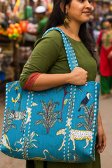 Handblock Printed Quilted Tote Bag without zip/button 17x18x 6 inches