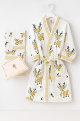 Handblock Printed Waffle Cotton Bathrobe Gift Box for Kids (4-13 Years) – Includes Bath Towel & 2 Hand Towels