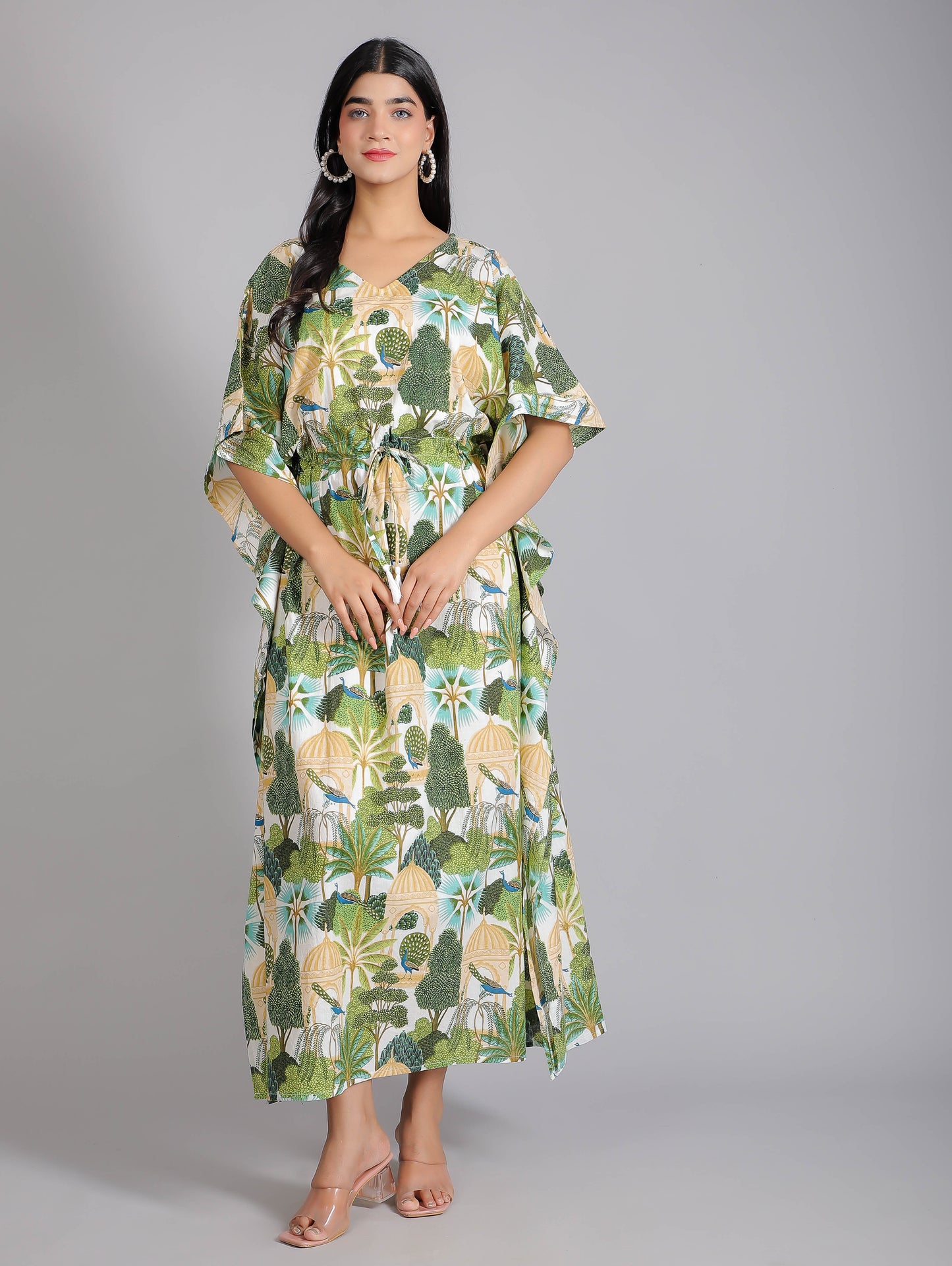 Peacock on Branch Print Cotton Kaftan Maxi Dress