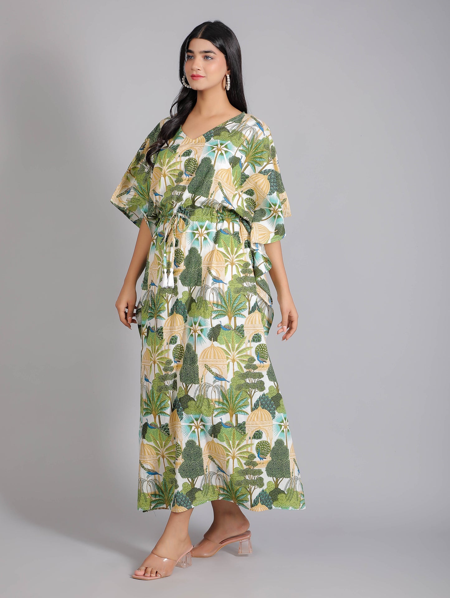 Peacock on Branch Print Cotton Kaftan Maxi Dress