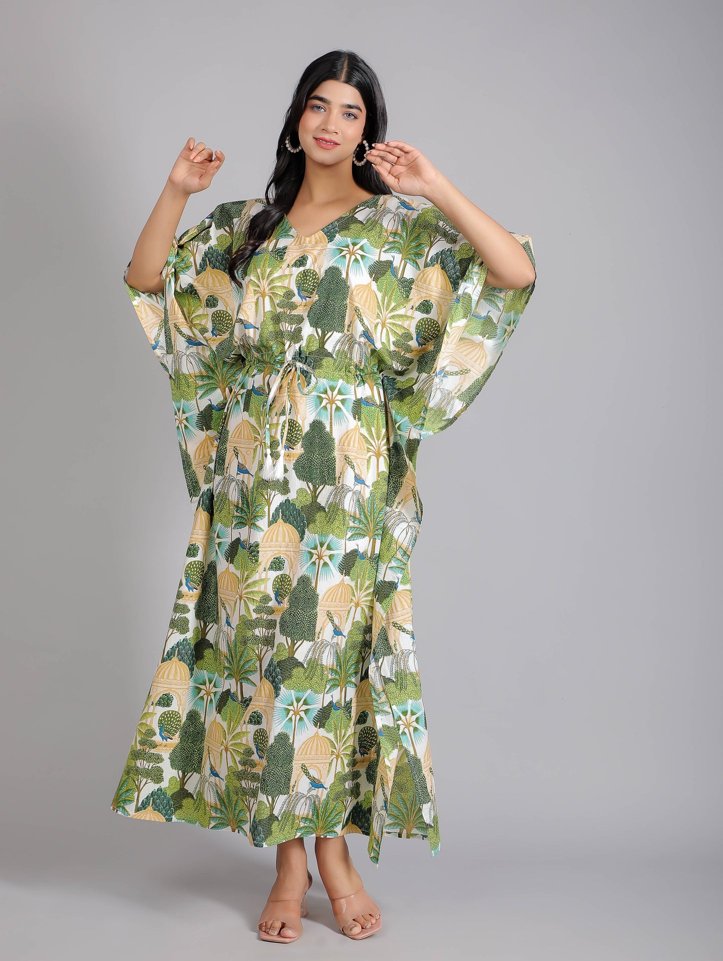 Peacock on Branch Print Cotton Kaftan Maxi Dress