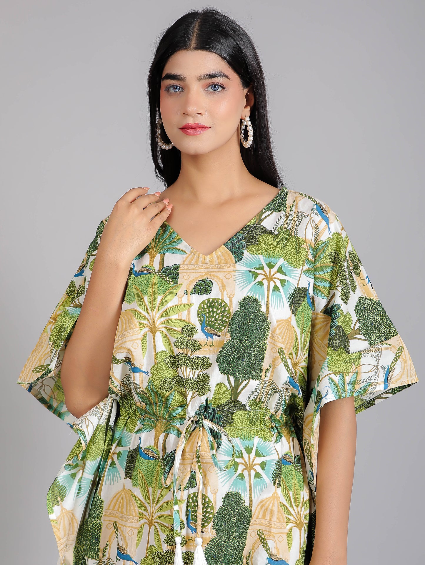 Peacock on Branch Print Cotton Kaftan Maxi Dress