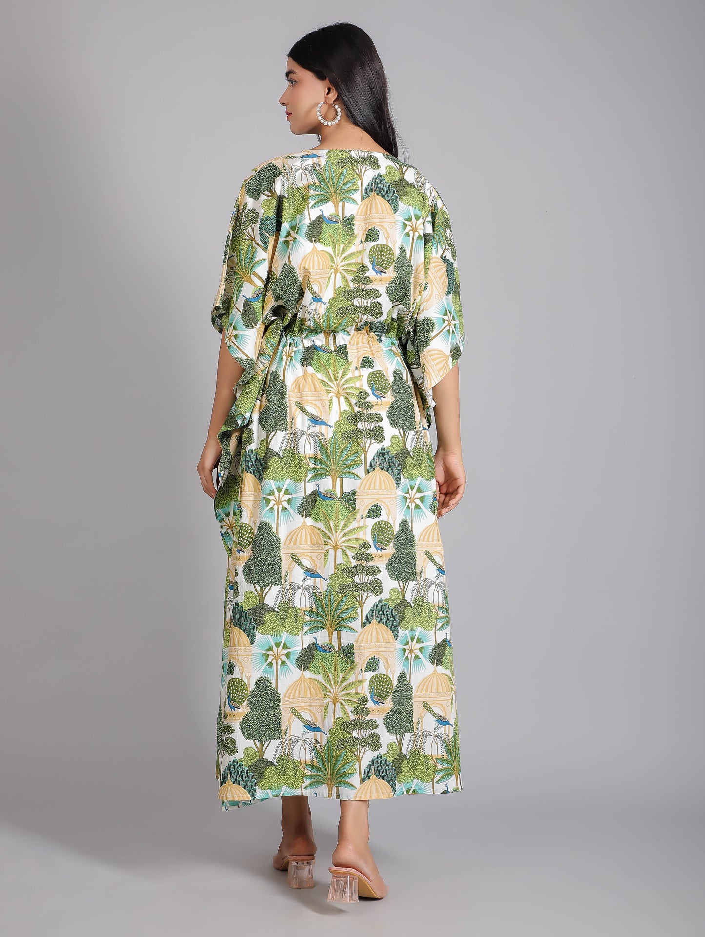 Peacock on Branch Print Cotton Kaftan Maxi Dress