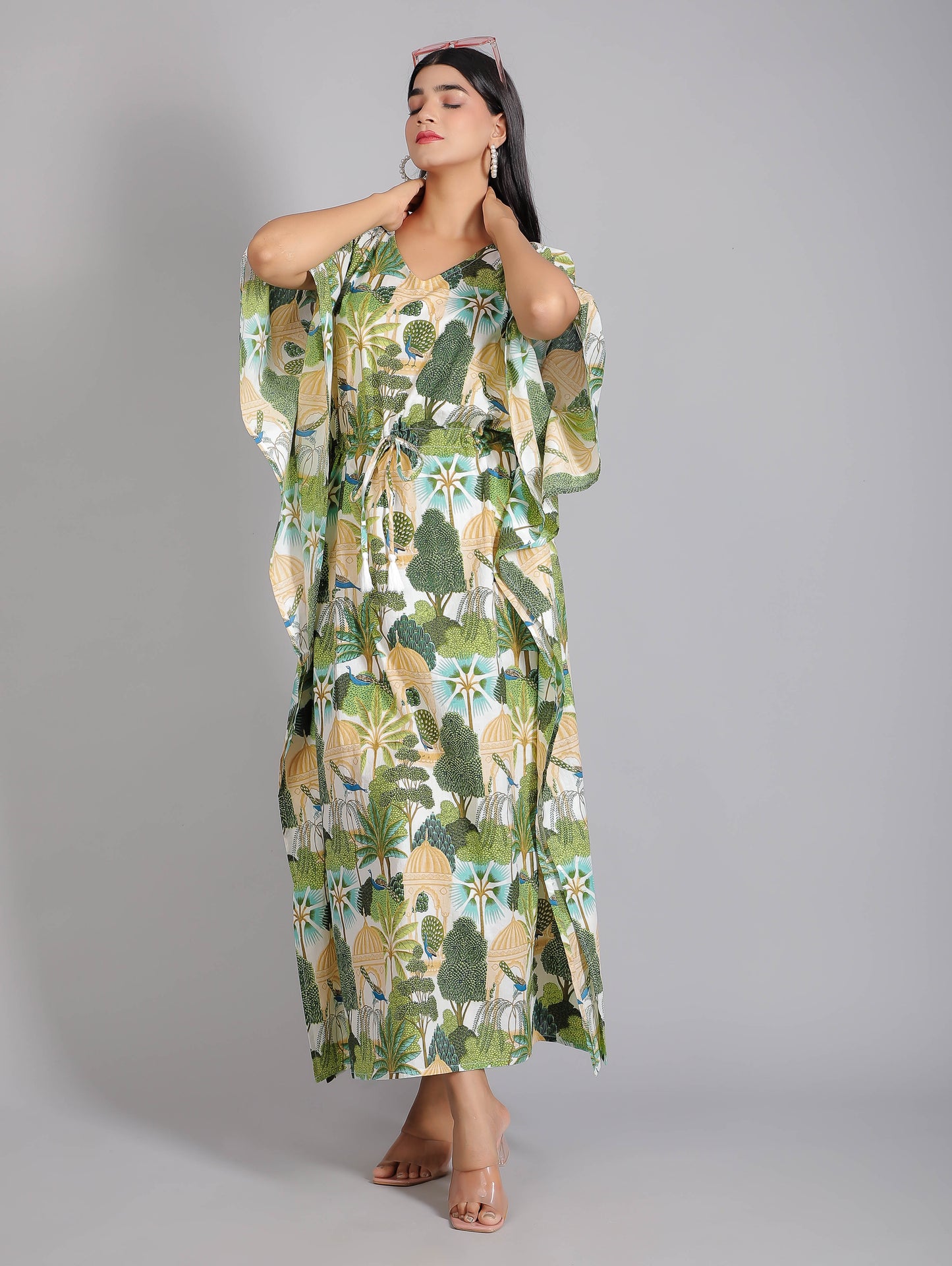 Peacock on Branch Print Cotton Kaftan Maxi Dress