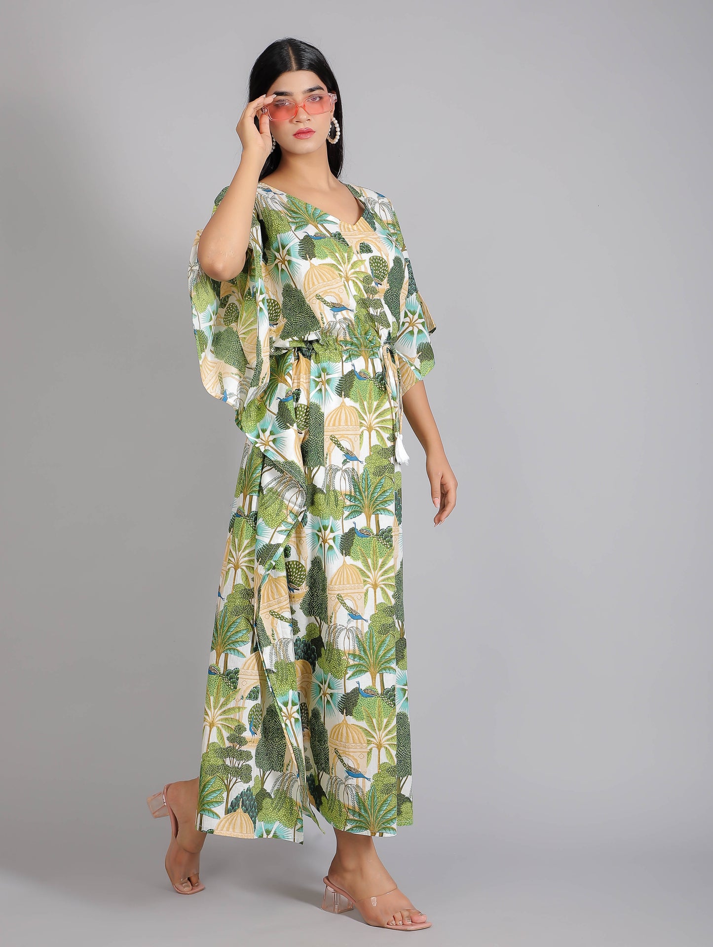 Peacock on Branch Print Cotton Kaftan Maxi Dress