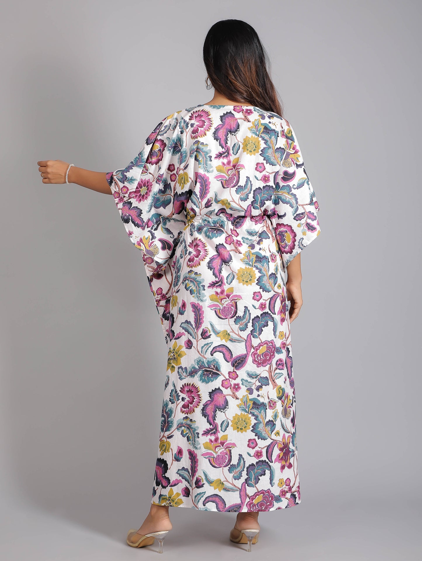 White & Purple Floral Print Cotton Kaftan Maxi Dress