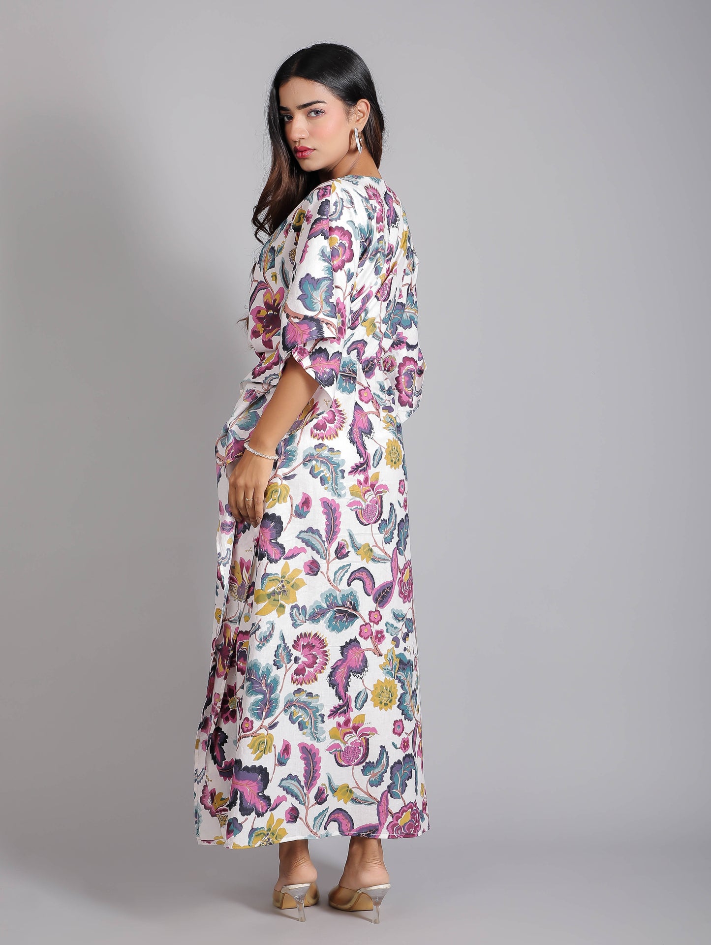 White & Purple Floral Print Cotton Kaftan Maxi Dress