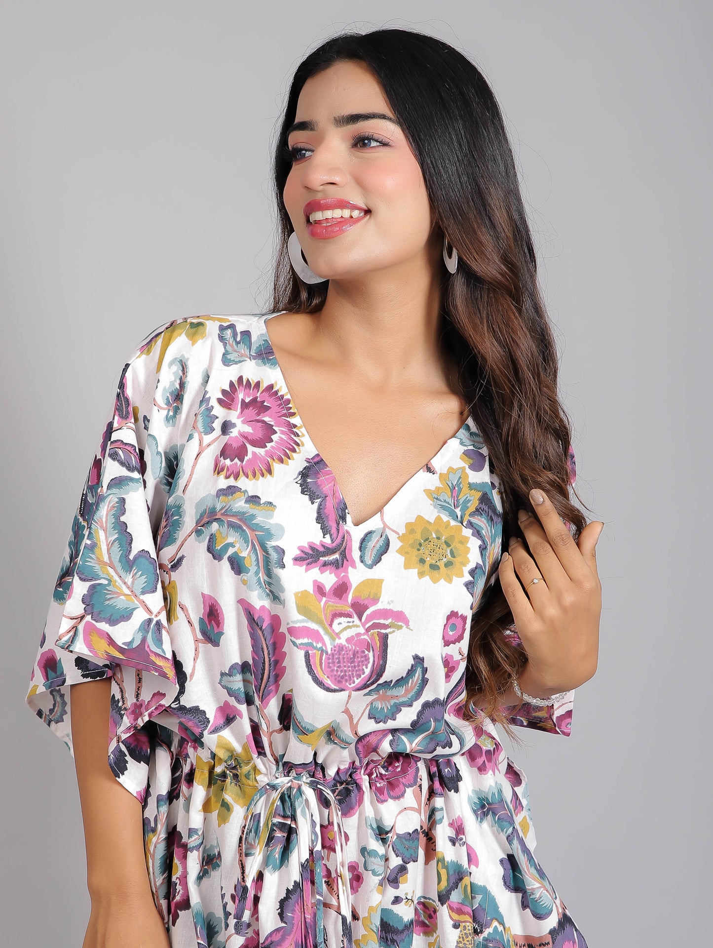 White & Purple Floral Print Cotton Kaftan Maxi Dress