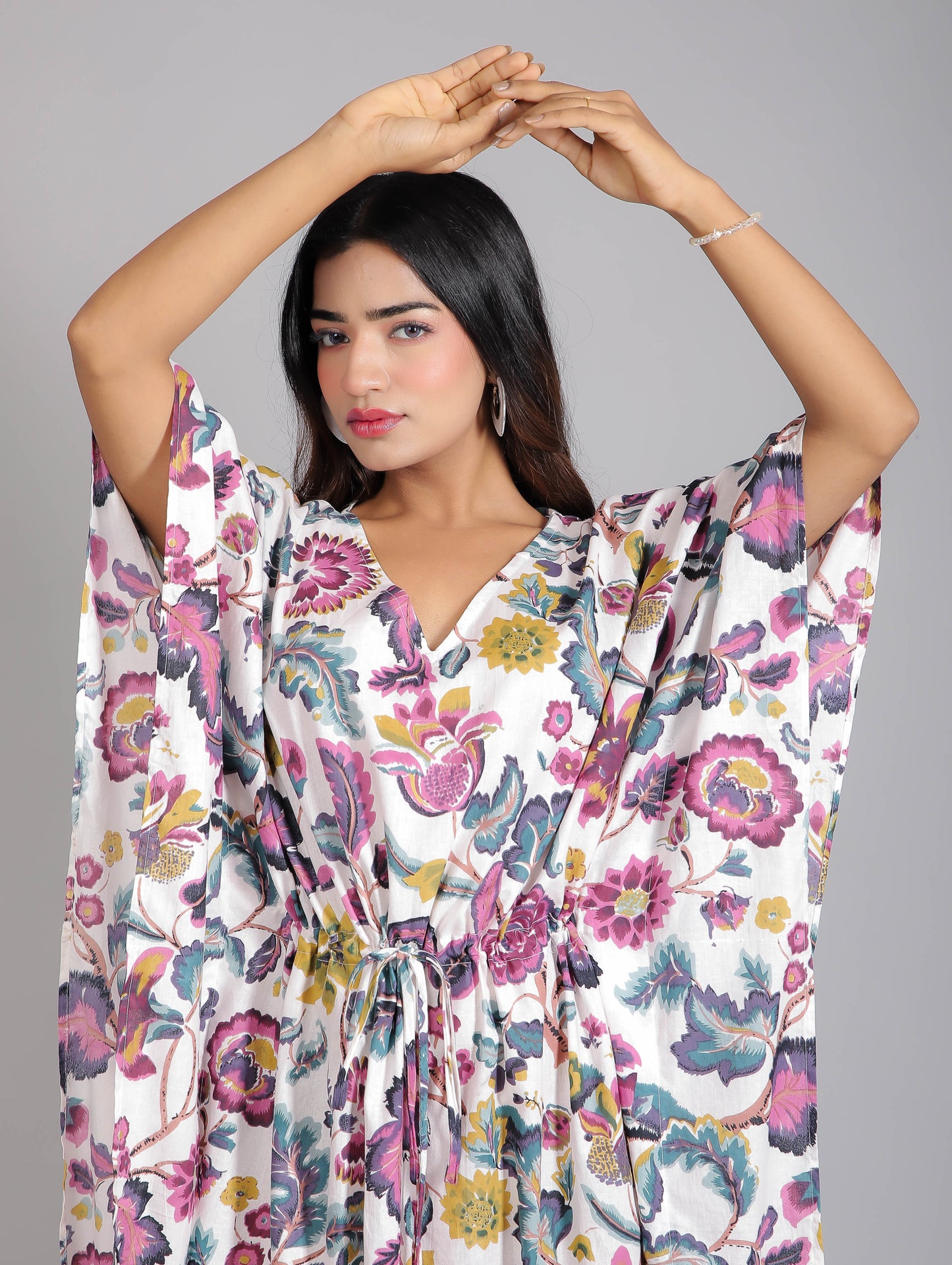 White & Purple Floral Print Cotton Kaftan Maxi Dress