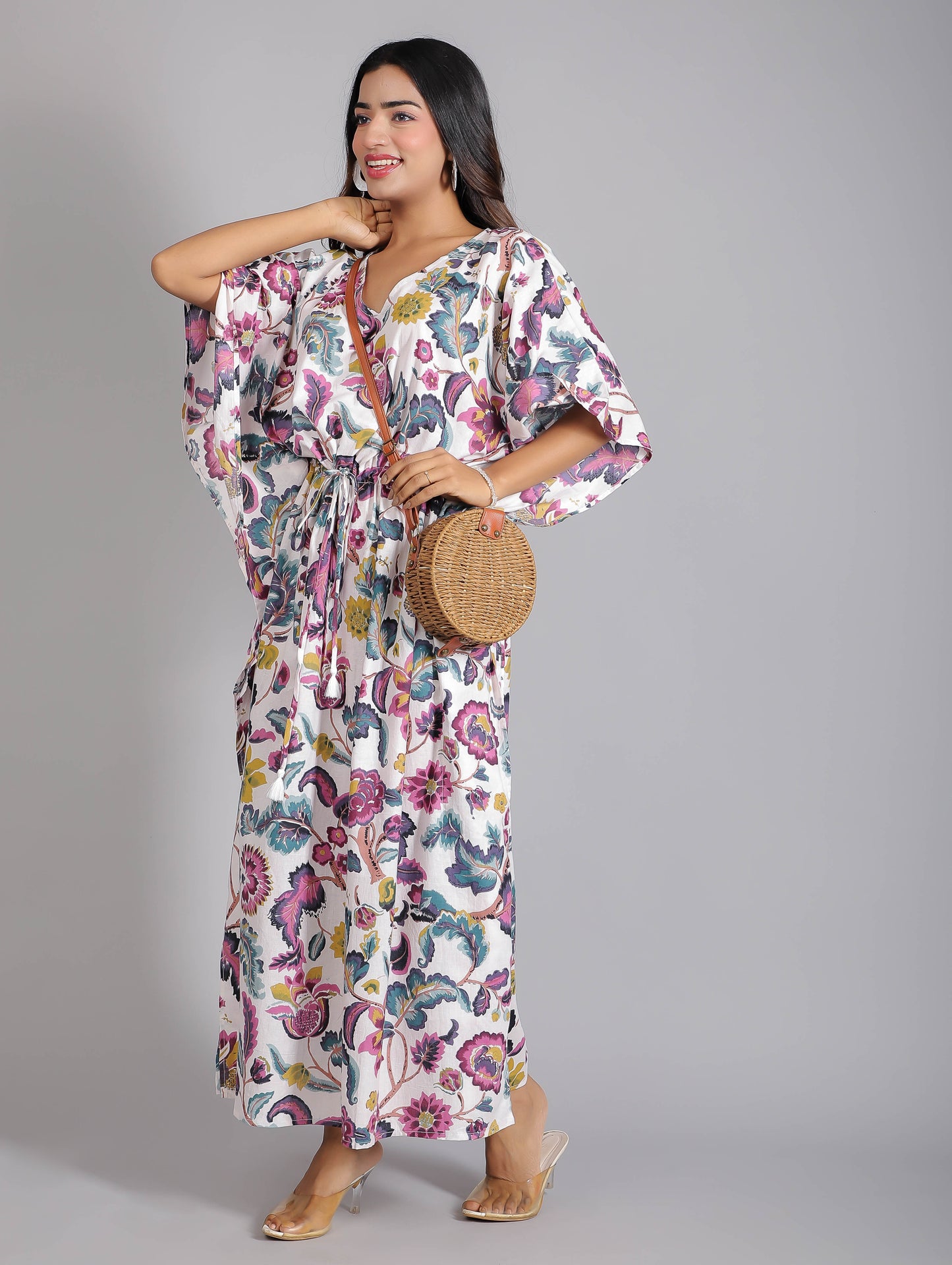 White & Purple Floral Print Cotton Kaftan Maxi Dress