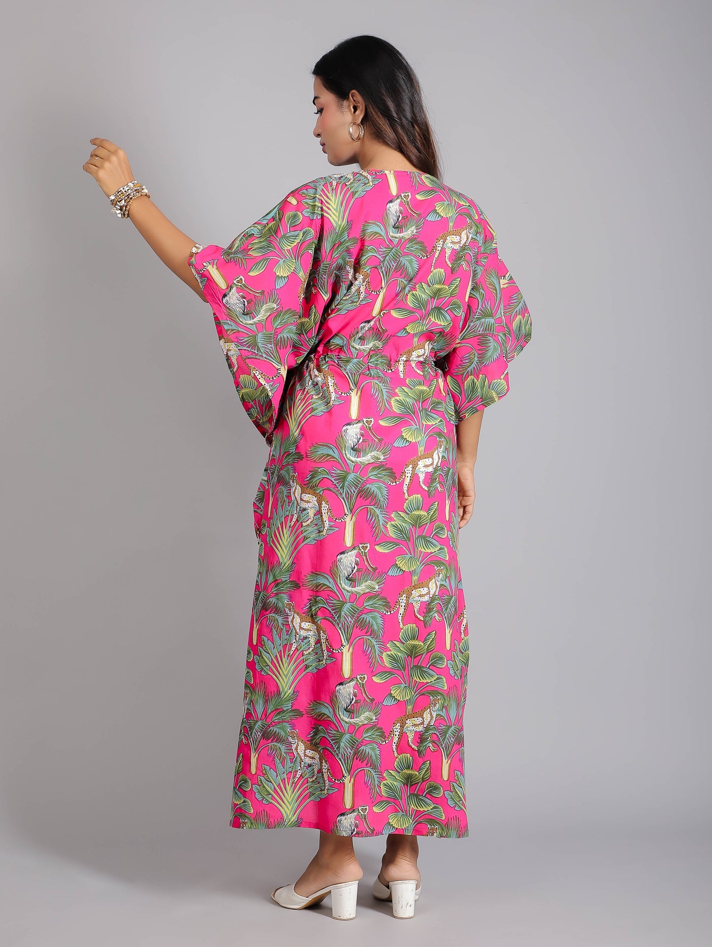 Tropical Green Print on Pink Cotton Kaftan Maxi Dress