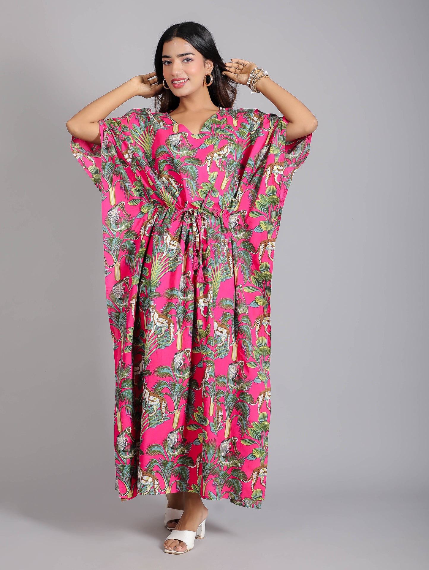 Tropical Green Print on Pink Cotton Kaftan Maxi Dress