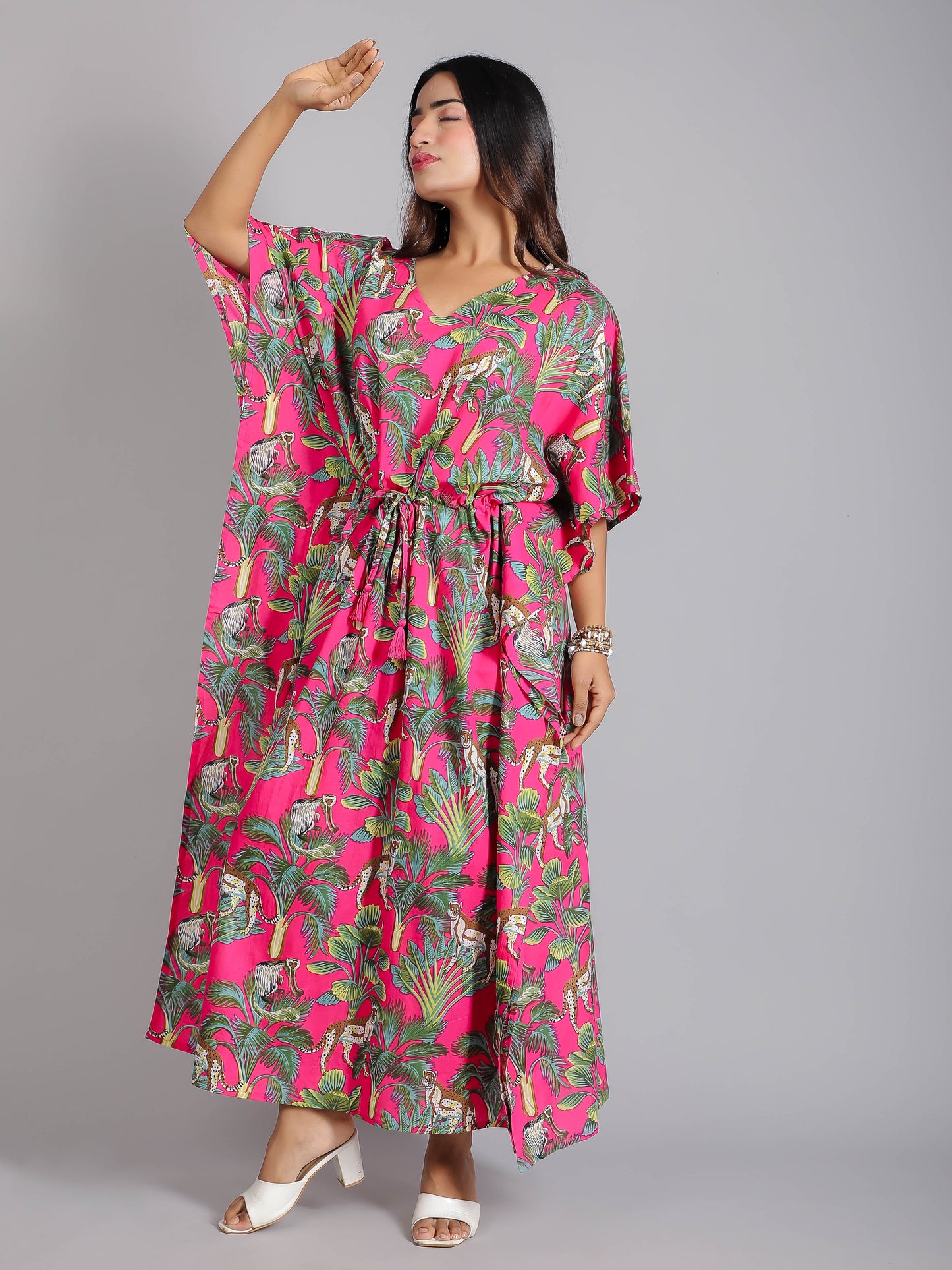 Tropical Green Print on Pink Cotton Kaftan Maxi Dress