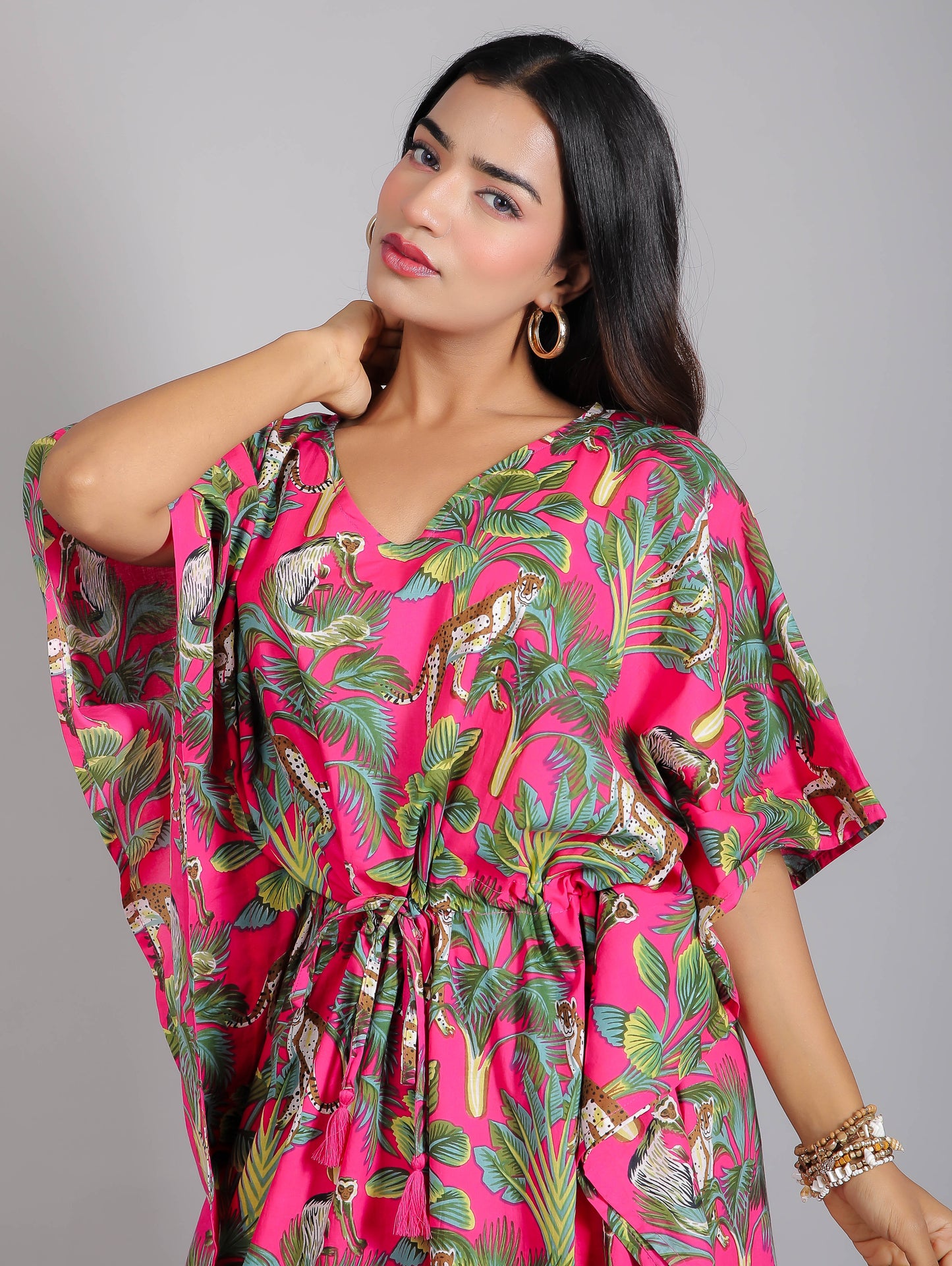 Tropical Green Print on Pink Cotton Kaftan Maxi Dress