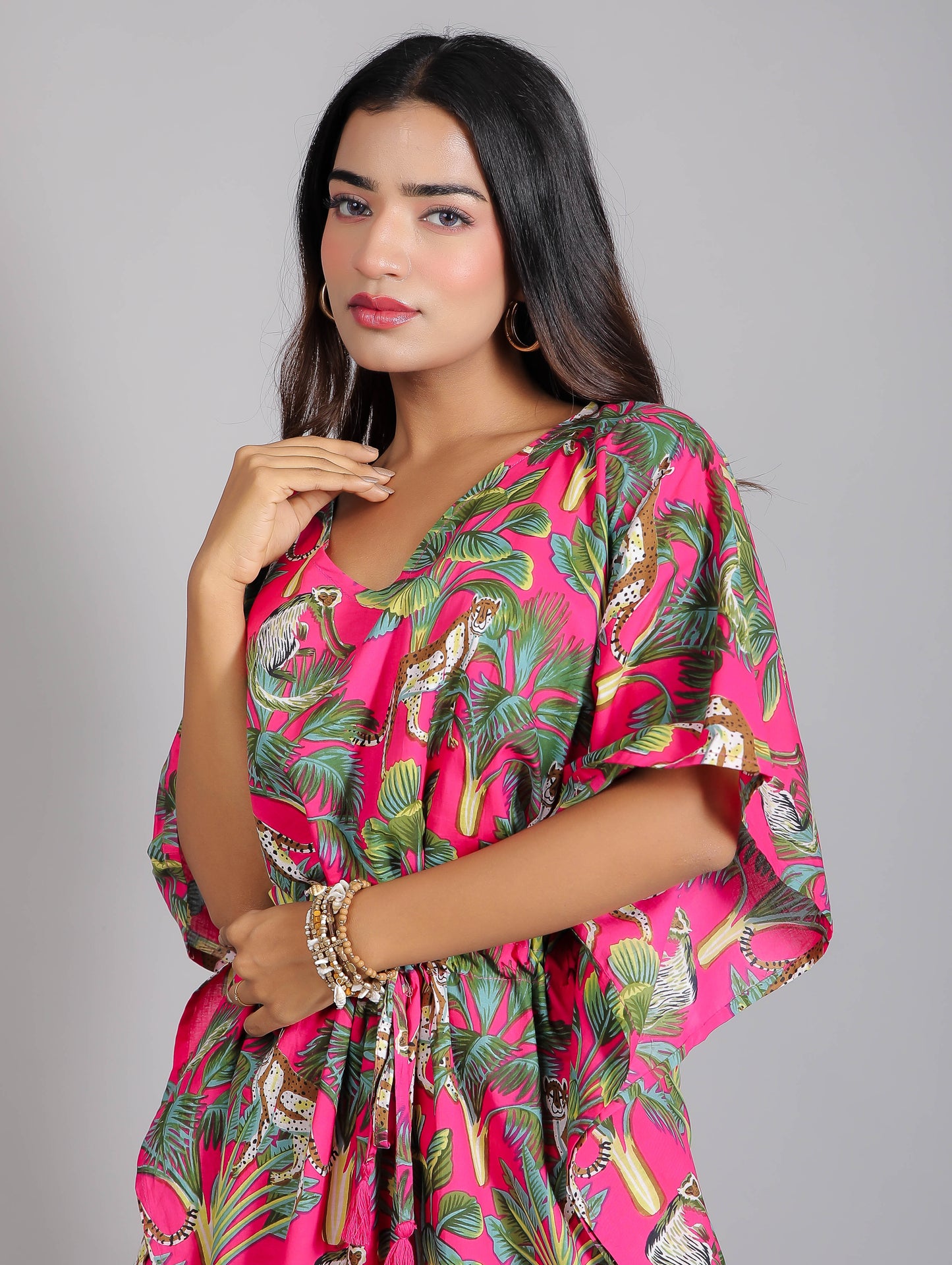 Tropical Green Print on Pink Cotton Kaftan Maxi Dress