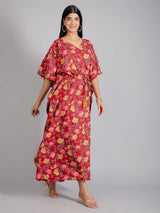 Floral Motifs on Maroon Cotton Kaftan Maxi Dress