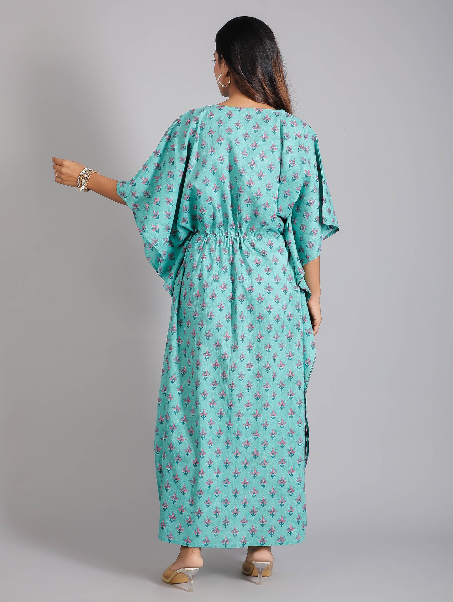 Pink Motifs on Teal Cotton Kaftan Maxi Dress