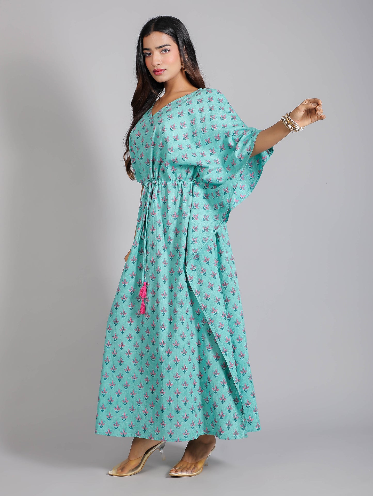 Pink Motifs on Teal Cotton Kaftan Maxi Dress