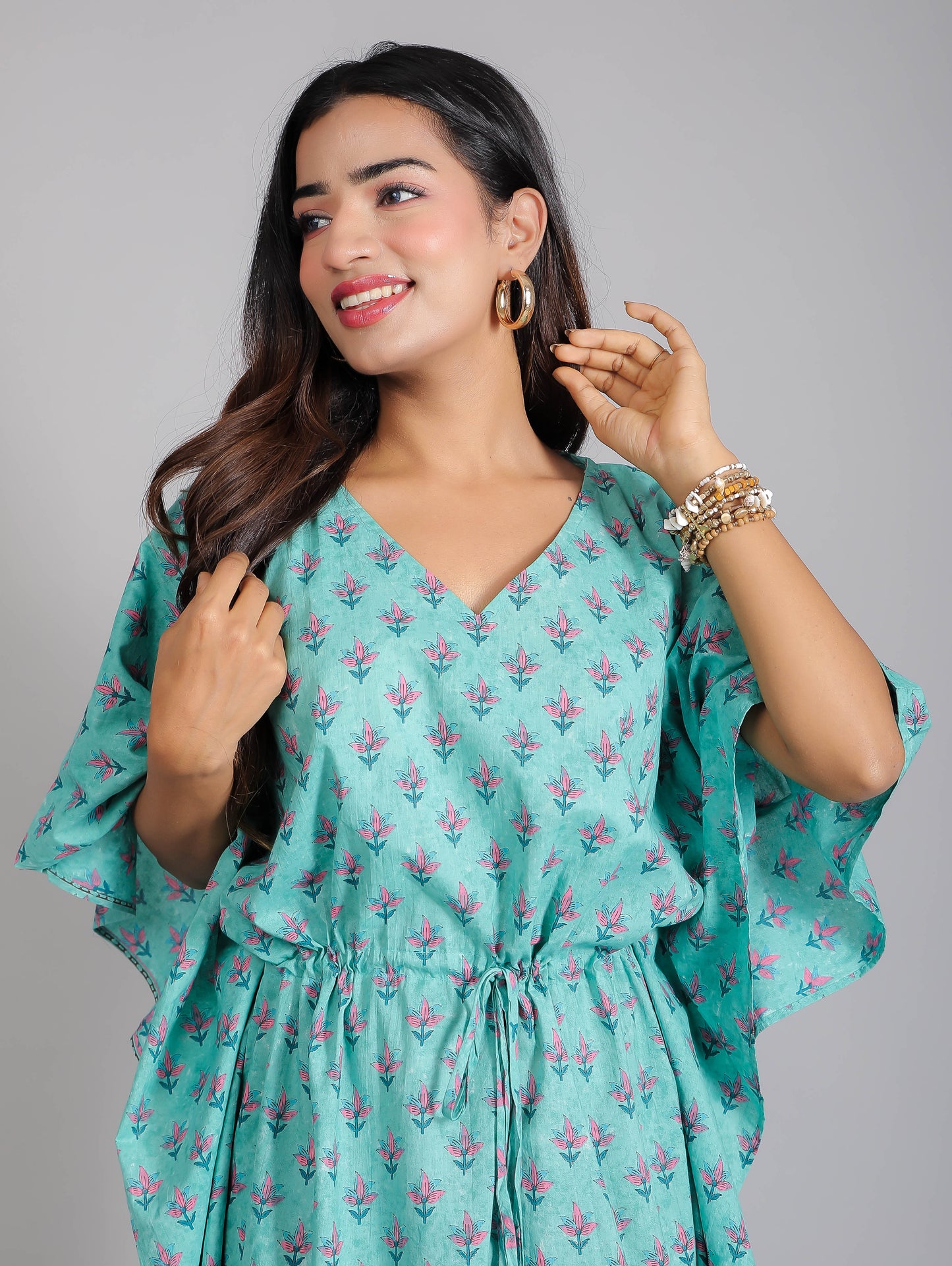 Pink Motifs on Teal Cotton Kaftan Maxi Dress