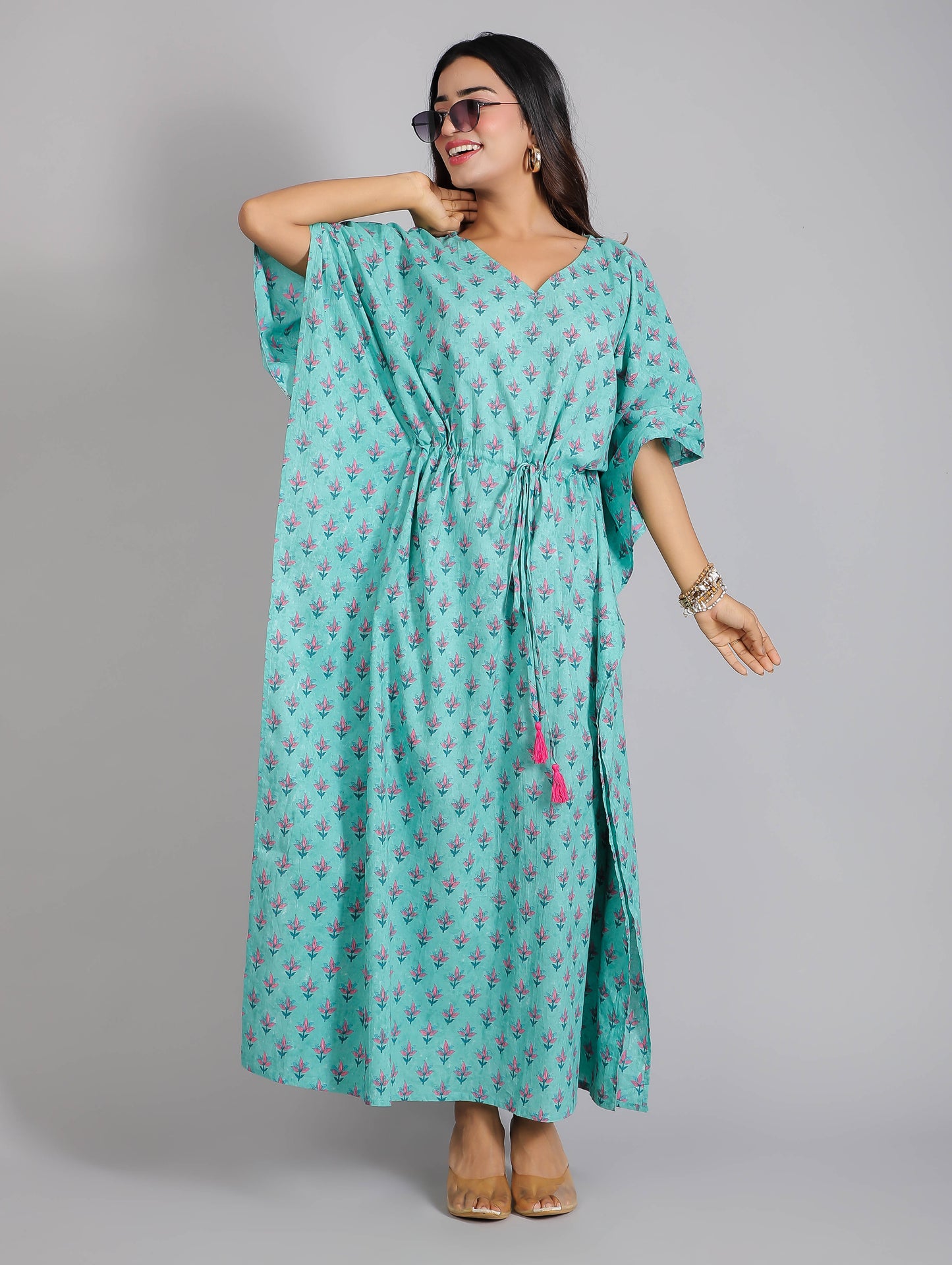 Pink Motifs on Teal Cotton Kaftan Maxi Dress
