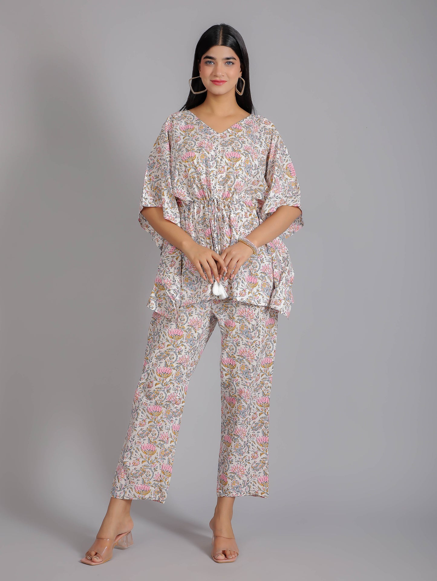Floral Pink Print on White Cotton Kaftan Top Pant Set