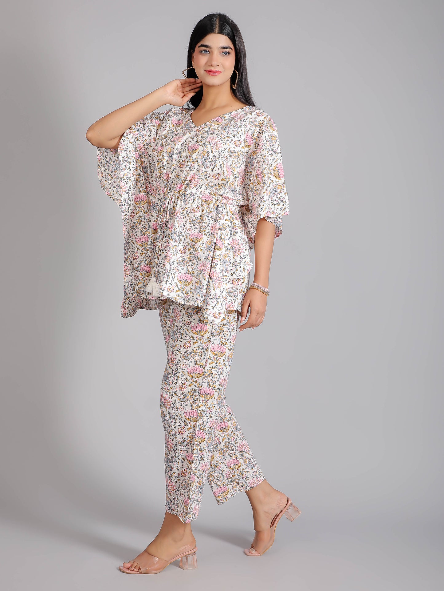 Floral Pink Print on White Cotton Kaftan Top Pant Set