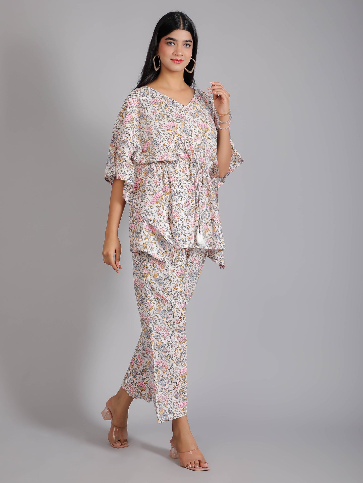Floral Pink Print on White Cotton Kaftan Top Pant Set
