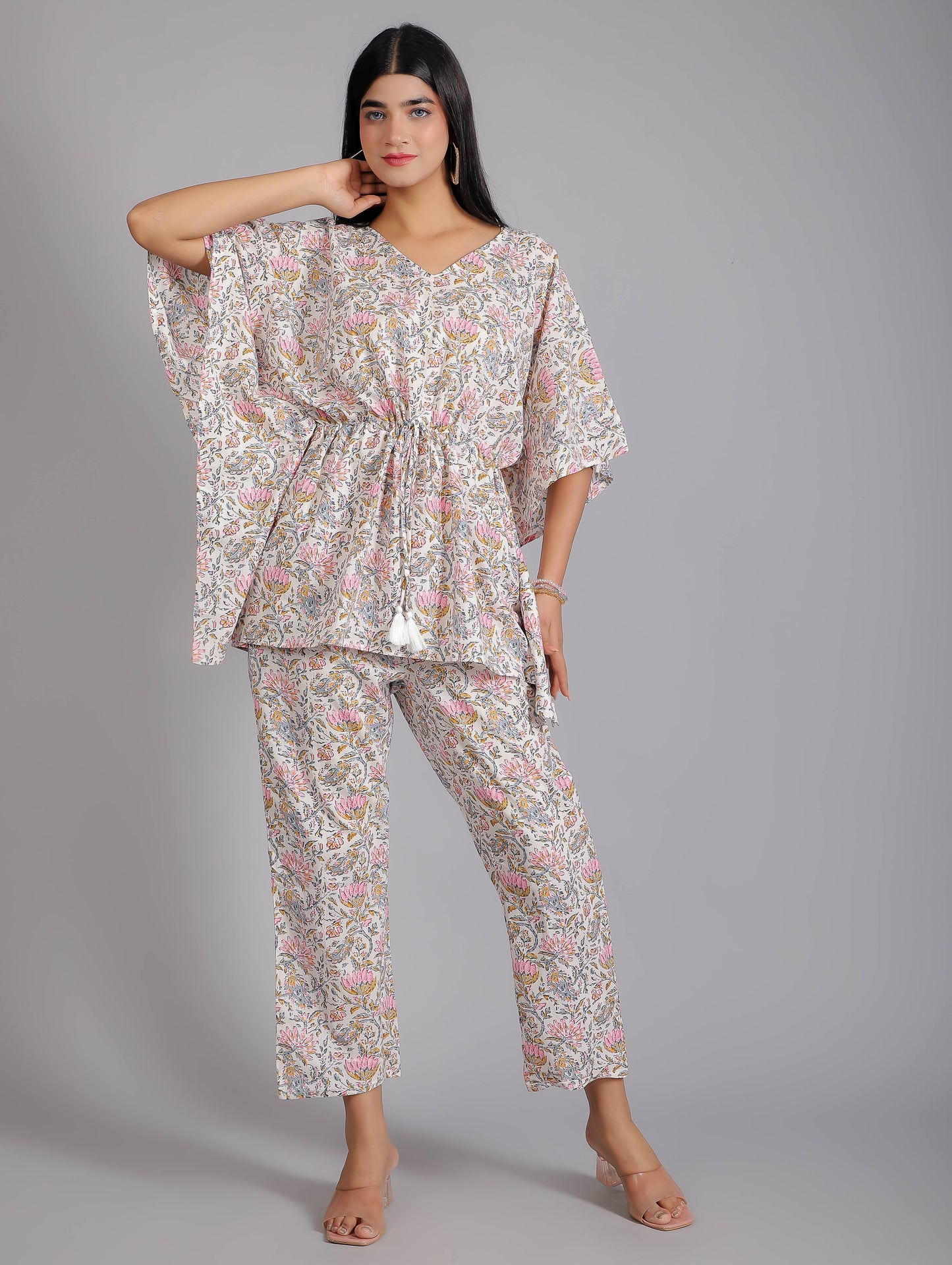 Floral Pink Print on White Cotton Kaftan Top Pant Set