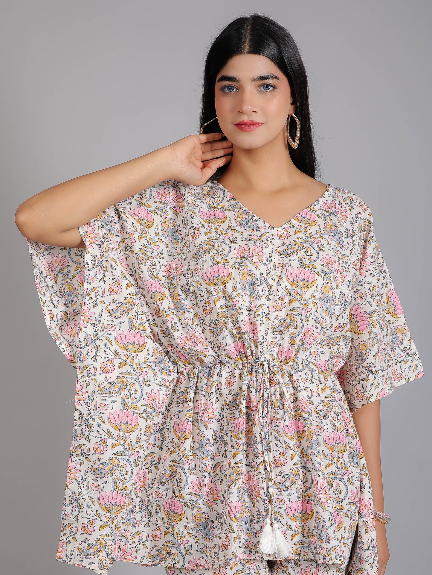 Floral Pink Print on White Cotton Kaftan Top Pant Set