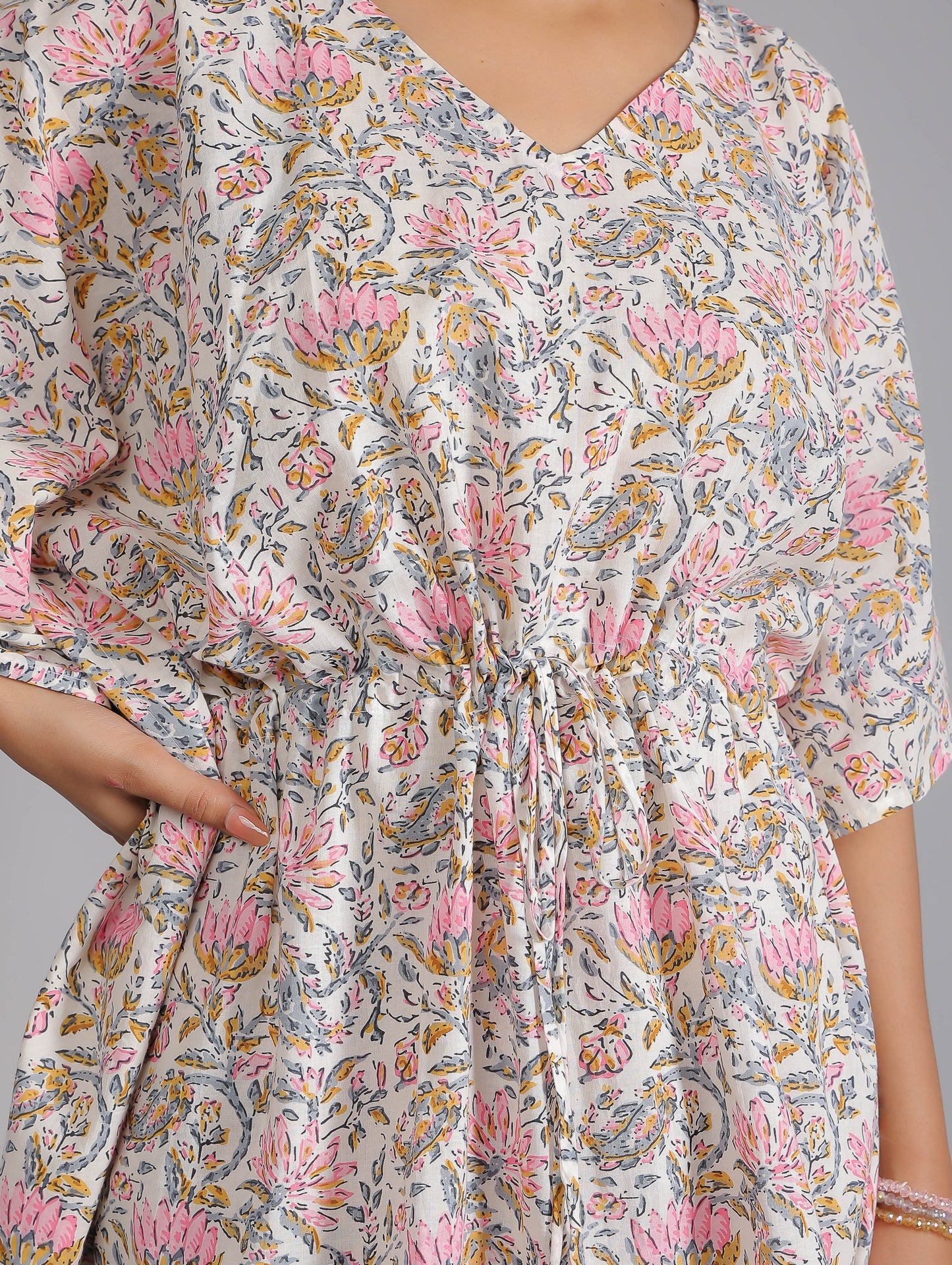 Floral Pink Print on White Cotton Kaftan Top Pant Set