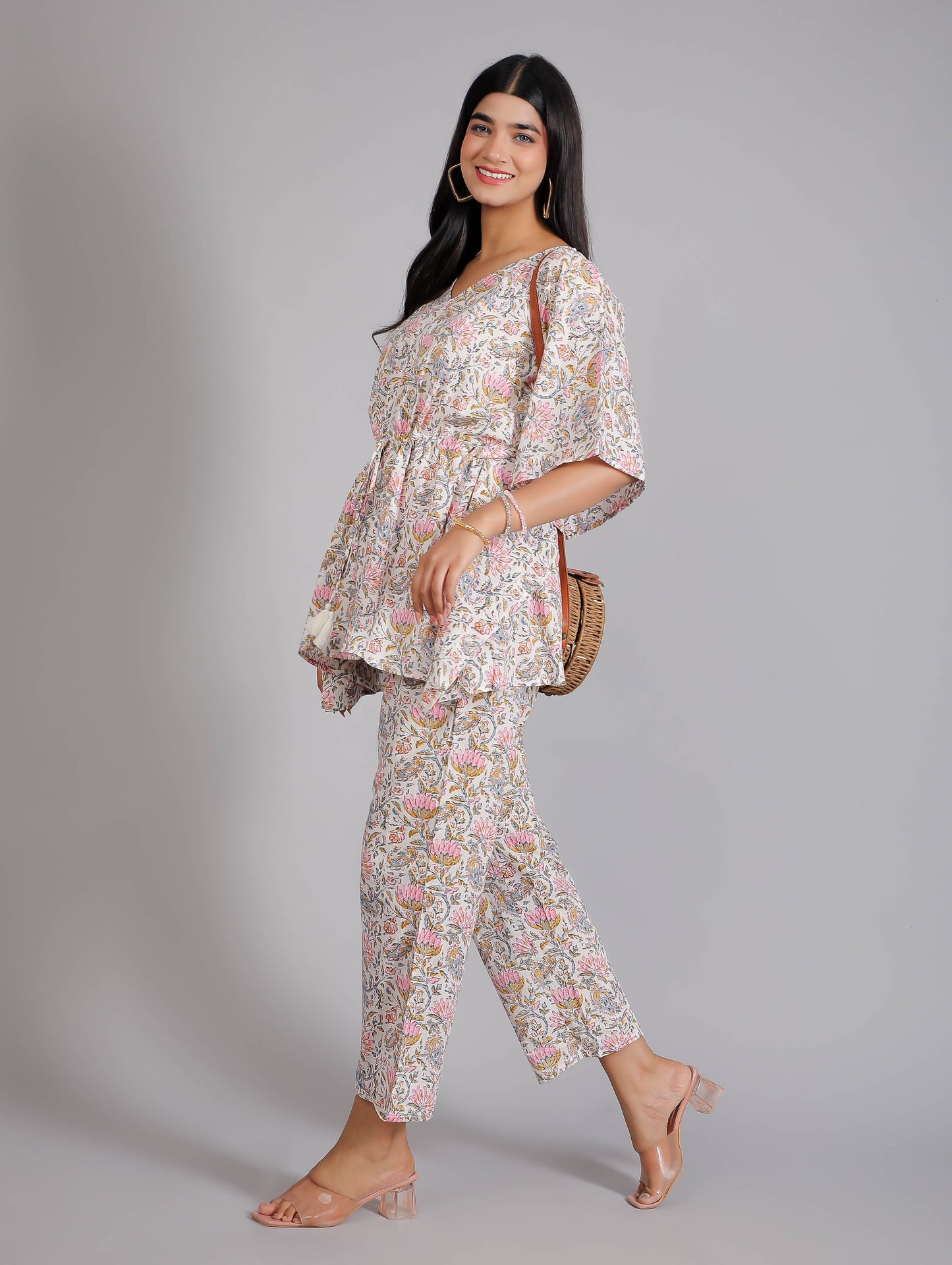 Floral Pink Print on White Cotton Kaftan Top Pant Set