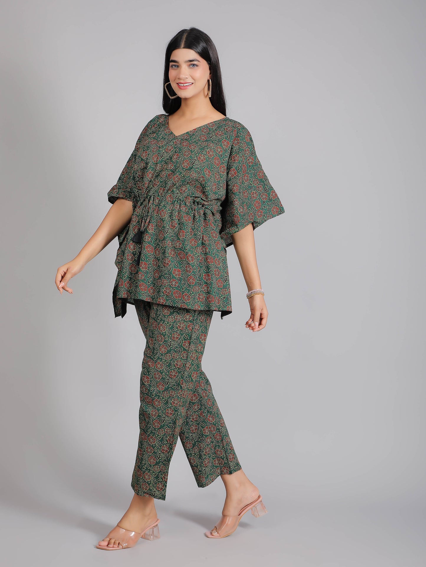 Abstract Print on Green Cotton Kaftan Top Pant Set