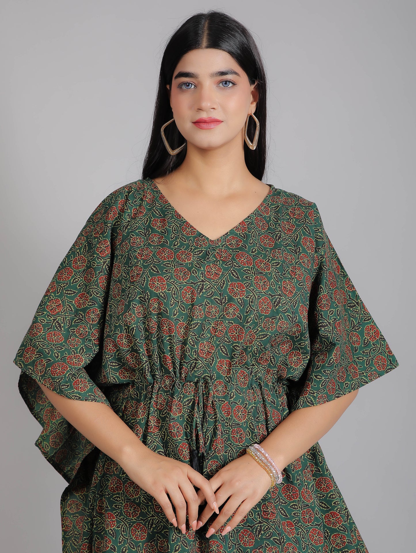 Abstract Print on Green Cotton Kaftan Top Pant Set