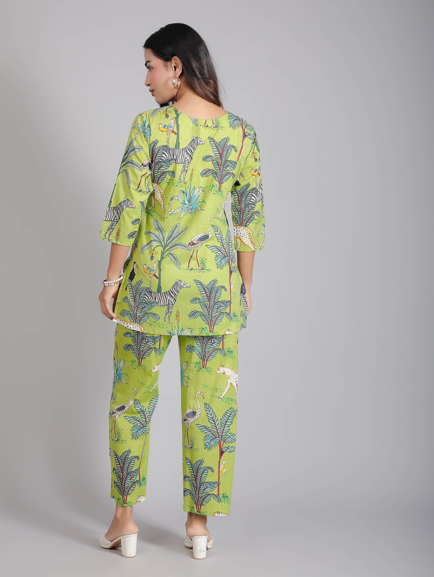 Tropical Forest Motifs on Green Cotton Lounge Set for Women
