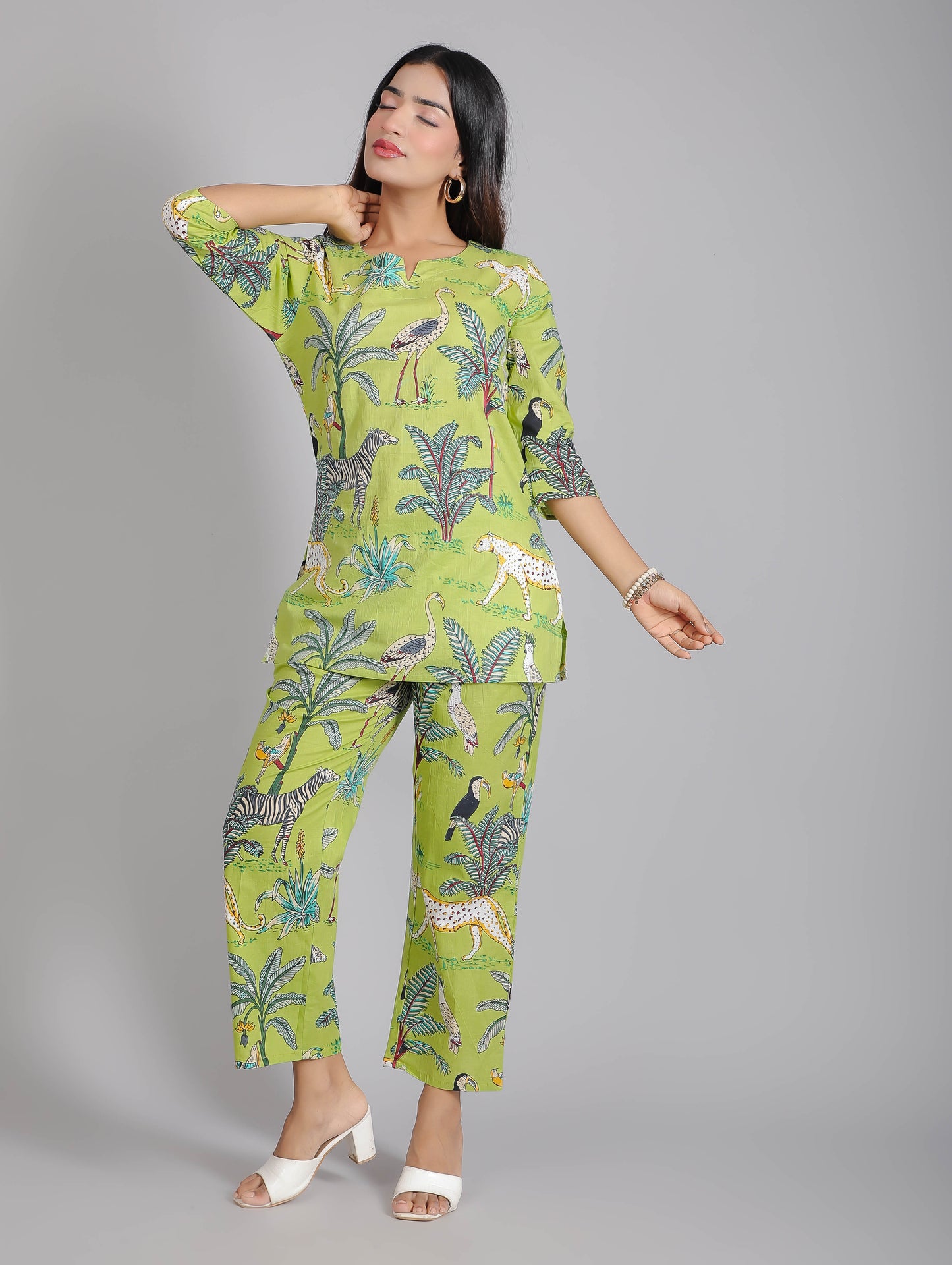 Tropical Forest Motifs on Green Cotton Lounge Set for Women