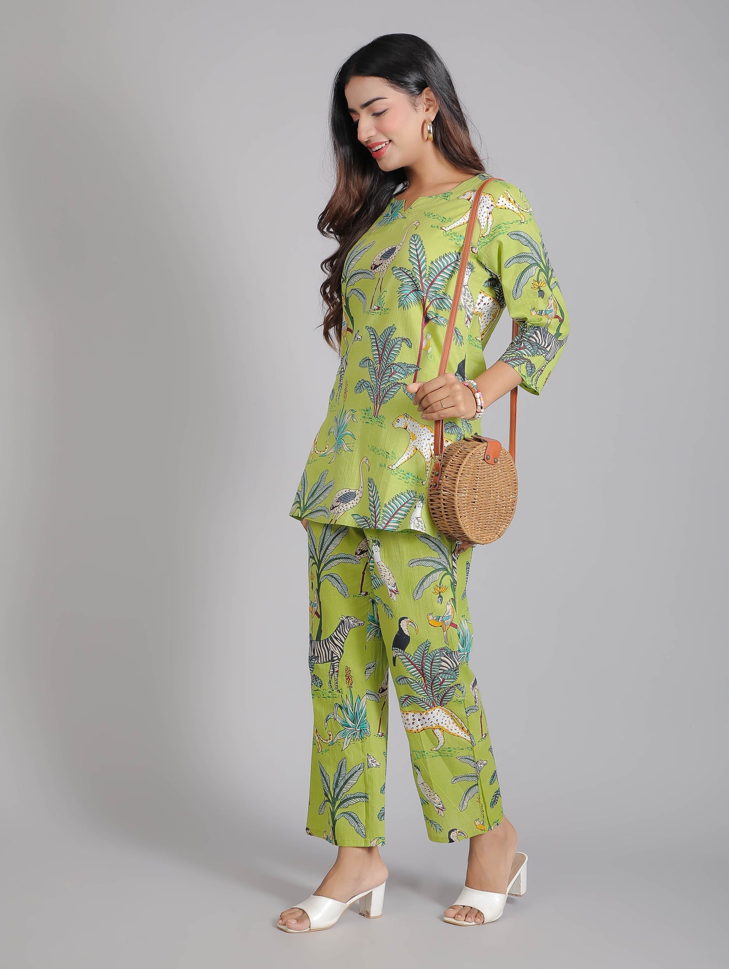 Tropical Forest Motifs on Green Cotton Lounge Set for Women