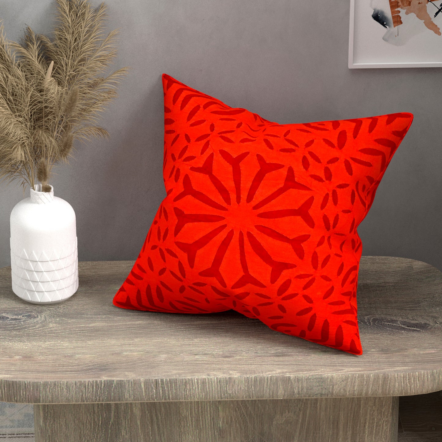 Handmade cotton applique work cushion cover - 16 X16 Inches