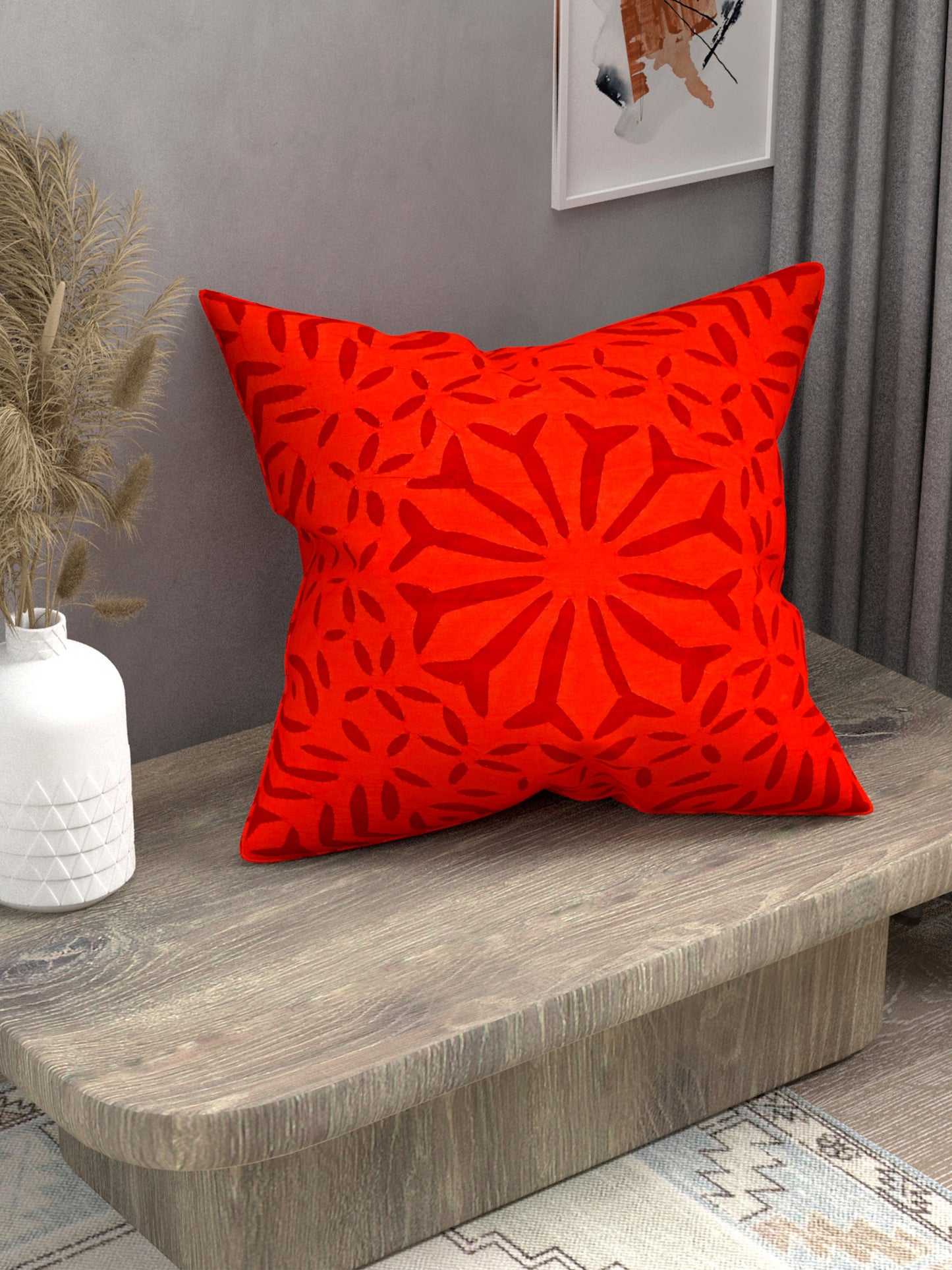 Handmade cotton applique work cushion cover - 16 X16 Inches