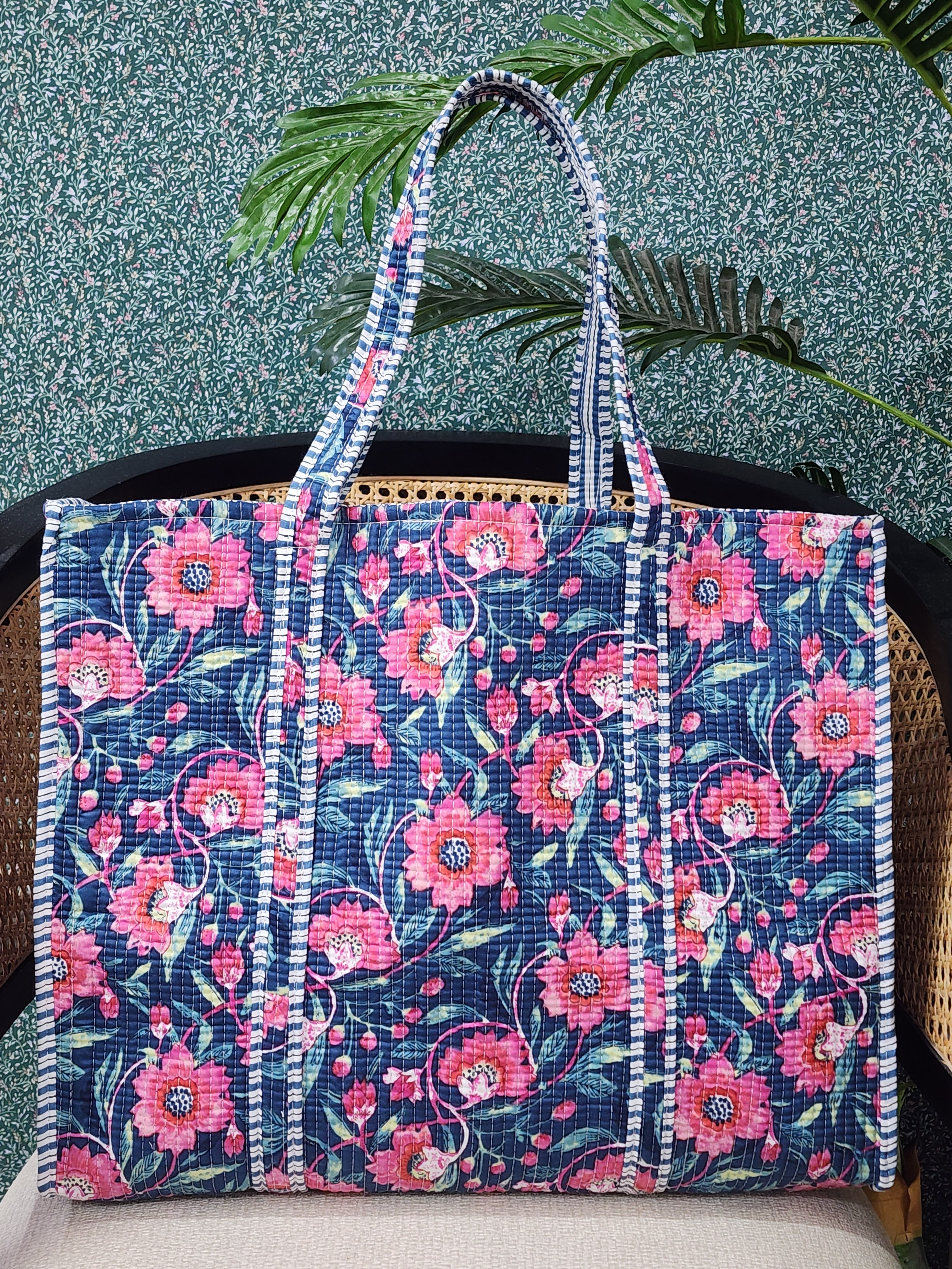 Handblock Printed Quilted Tote Bag without zip/button 17x18x 6 inches