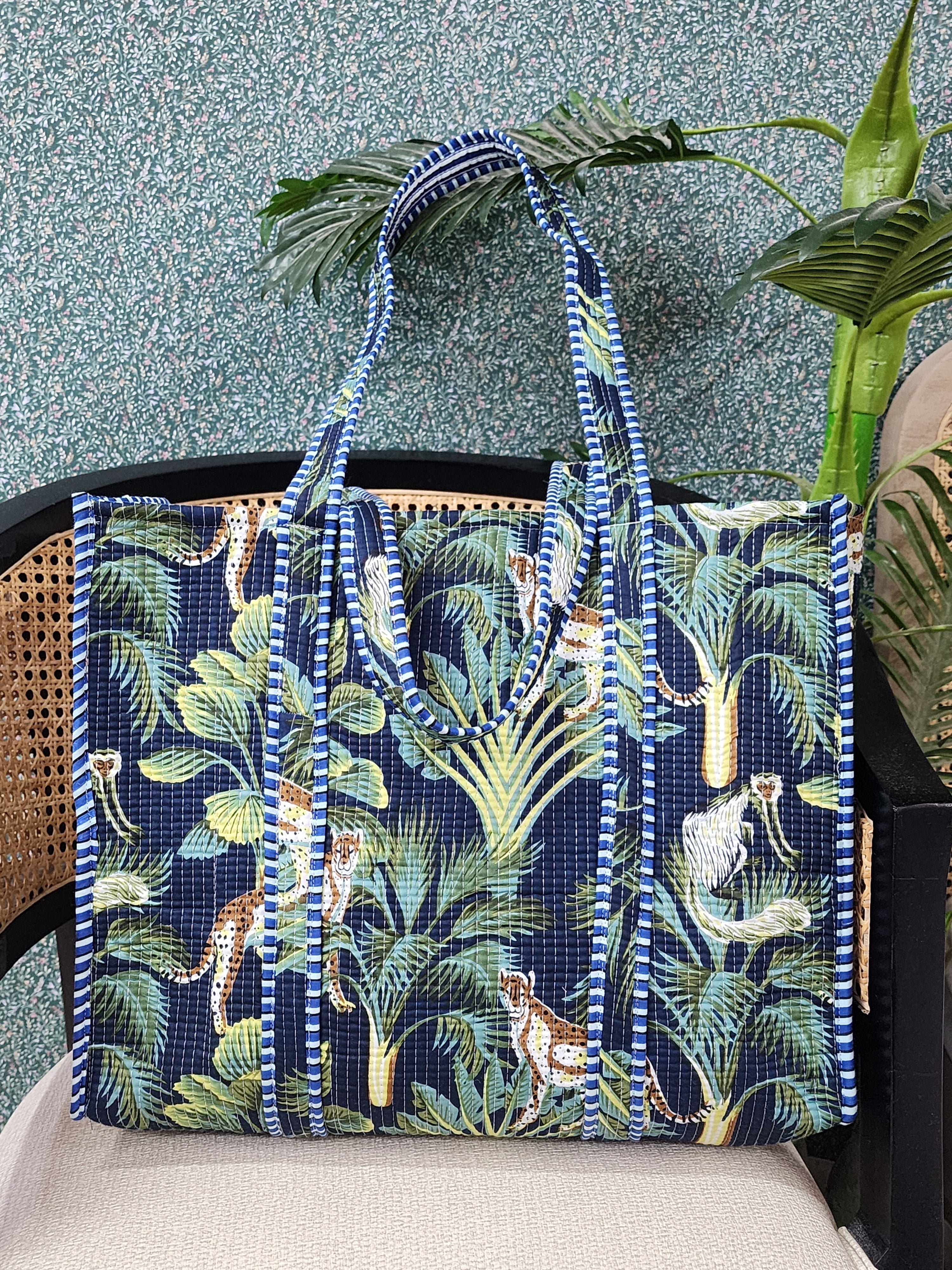 Handblock Printed Quilted Tote Bag without zip/button 17x18x 6 inches