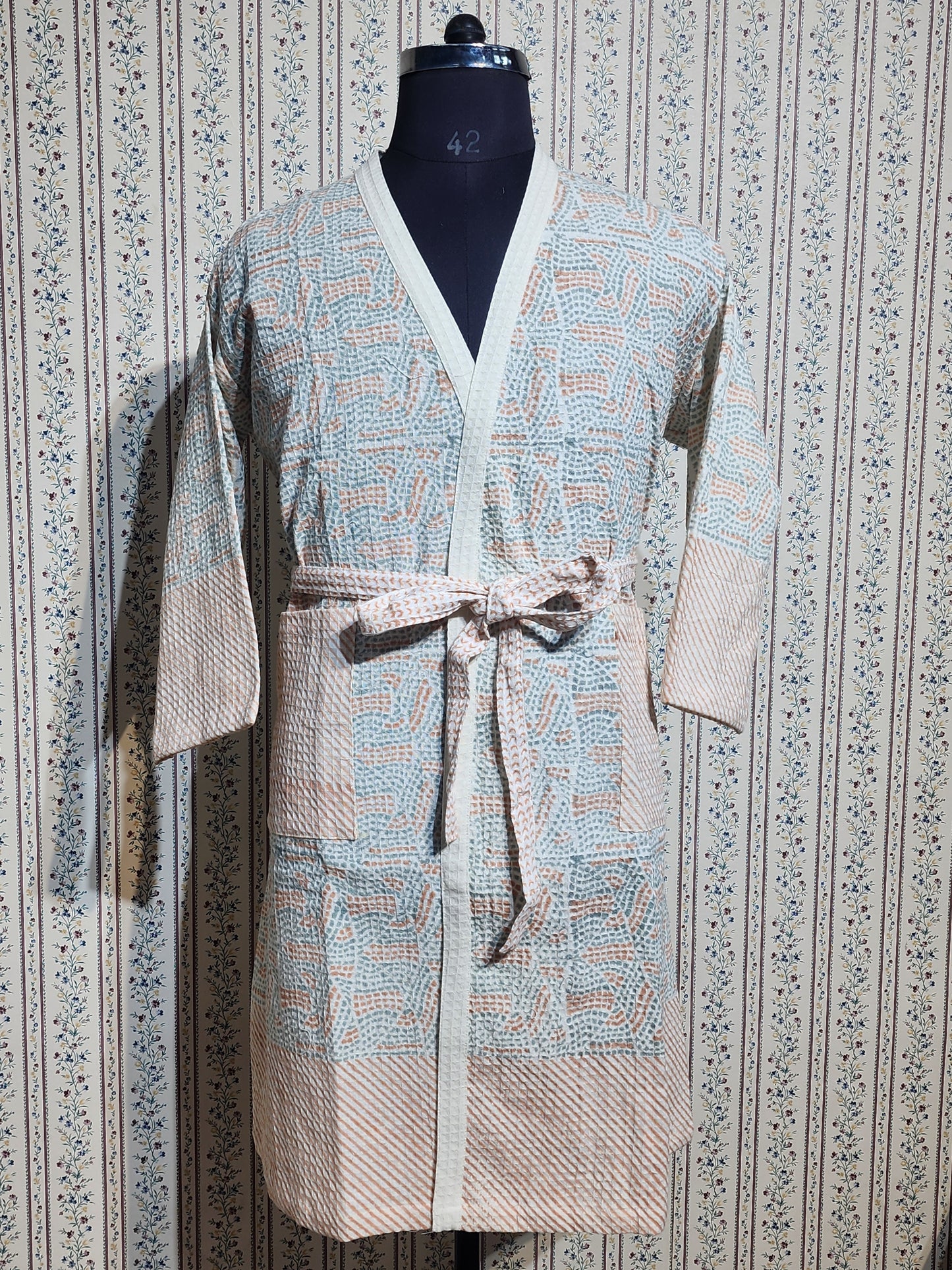 Waffle Cotton Handblock Printed Unisex Bathrobe - Free Size