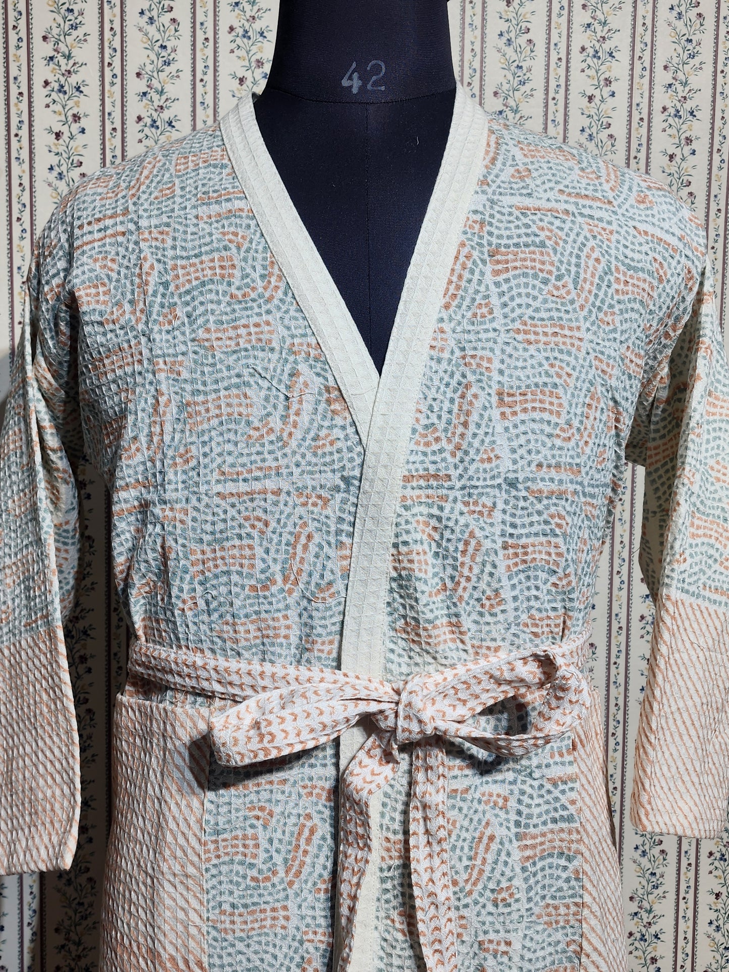 Waffle Cotton Handblock Printed Unisex Bathrobe - Free Size