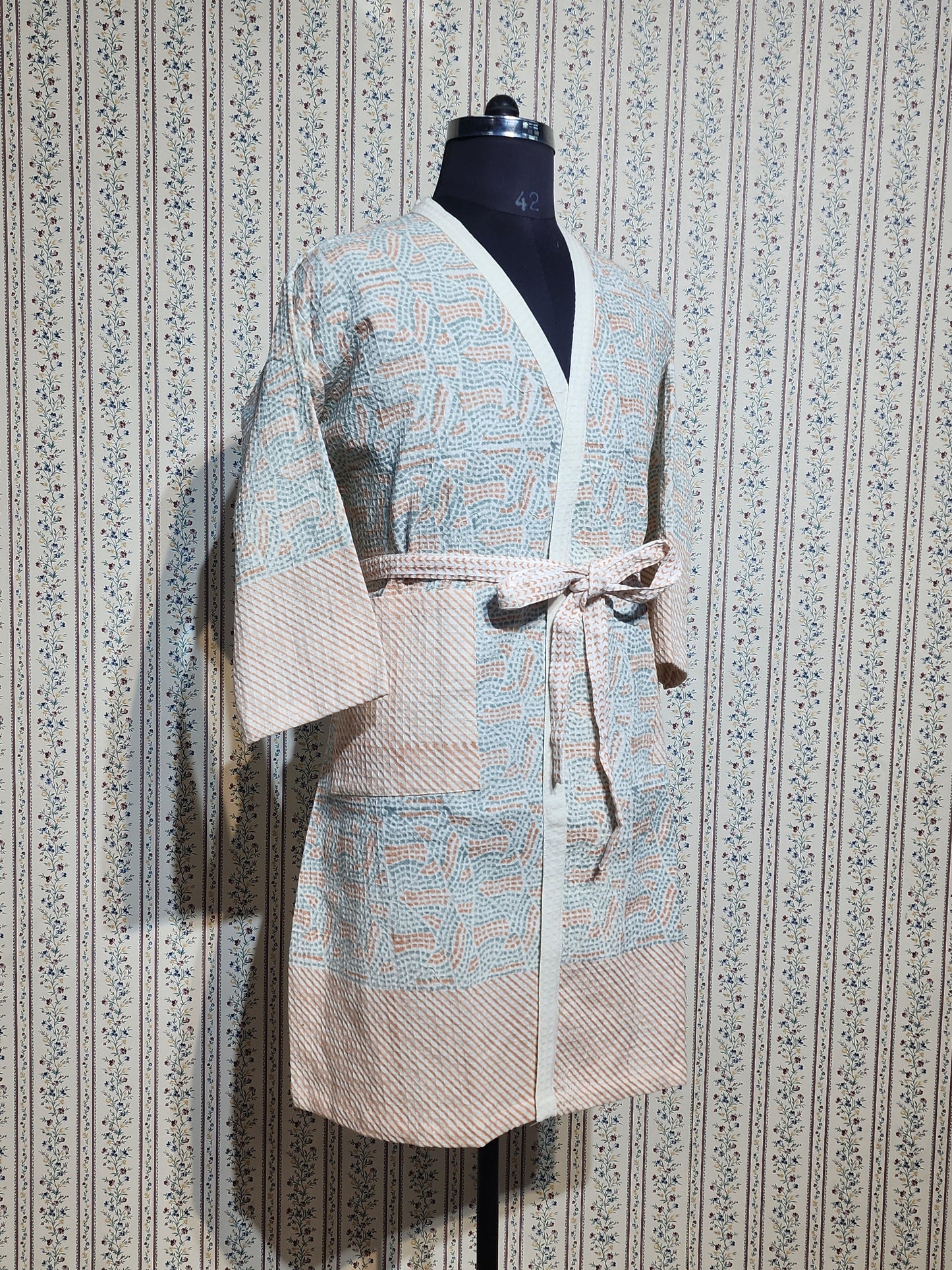 Waffle Cotton Handblock Printed Unisex Bathrobe - Free Size