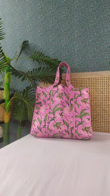 Handblock Printed Quilted Tote Bag without zip/button 17x18x 6 inches