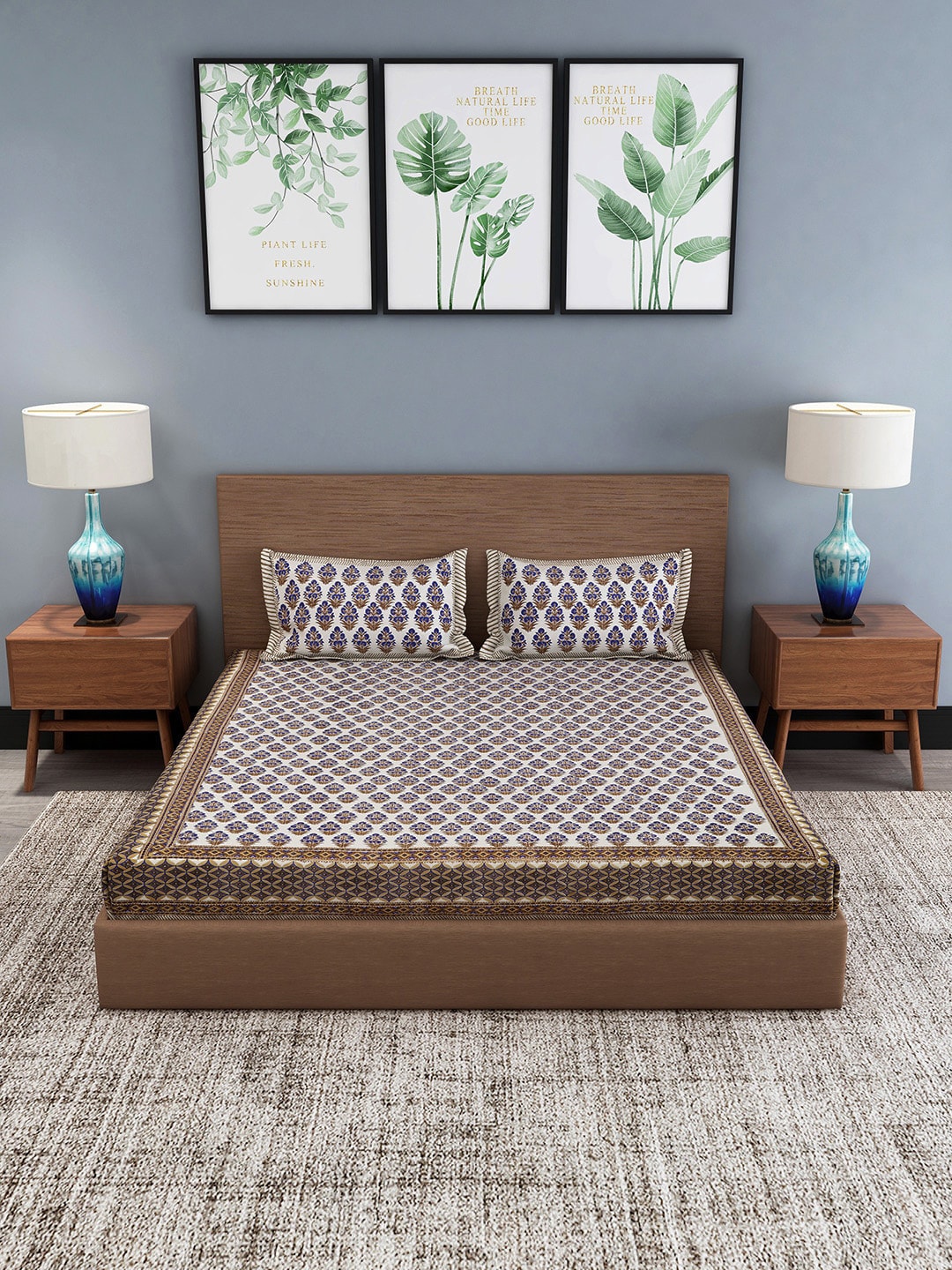 White & Navy Block Print Cotton 1 King Bedsheet & 2 Pillow Covers