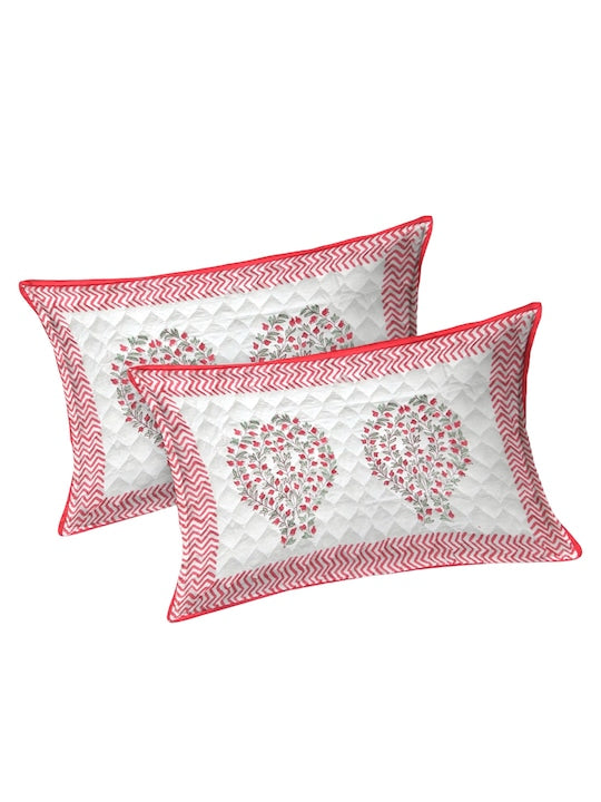 Cream-Coloured Ethnic Printed Cotton Double Bed Covers With Pillow Covers