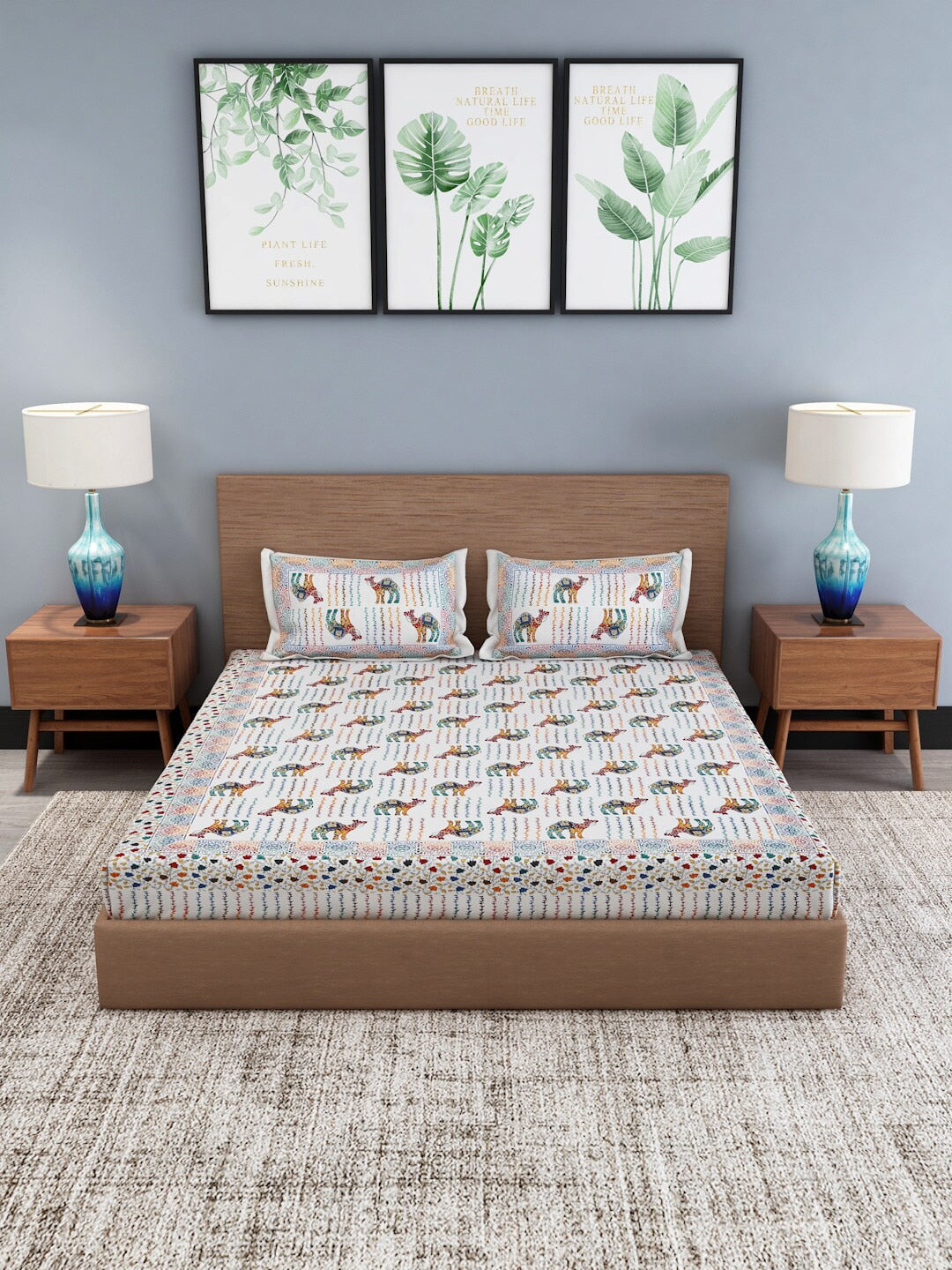 White & Brown Ethnic Motifs Cotton 1 King Bedsheet with 2 Pillow Covers