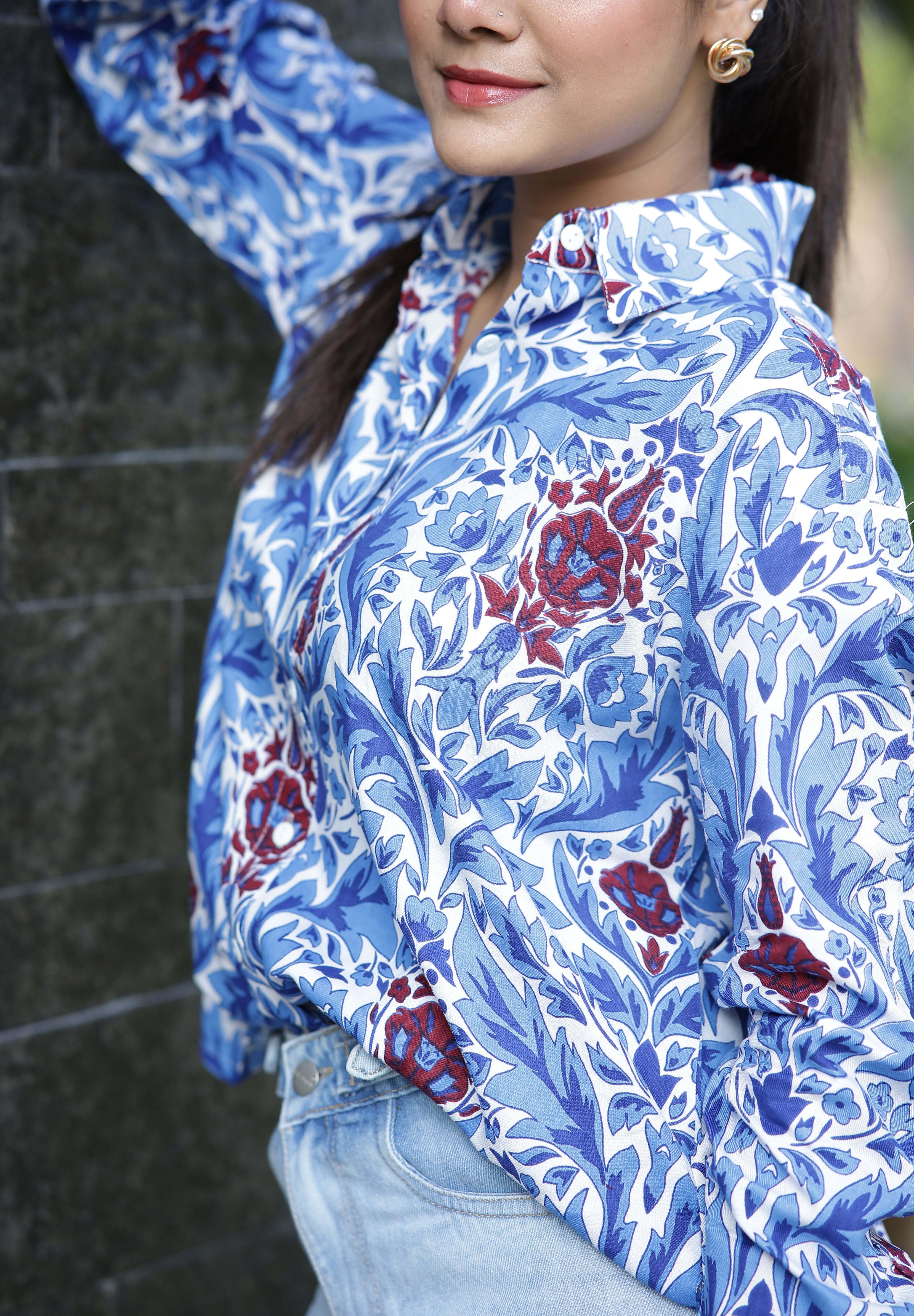 Maroon flowers on Blue 100% Cotton Full Sleeves Women's Shirt