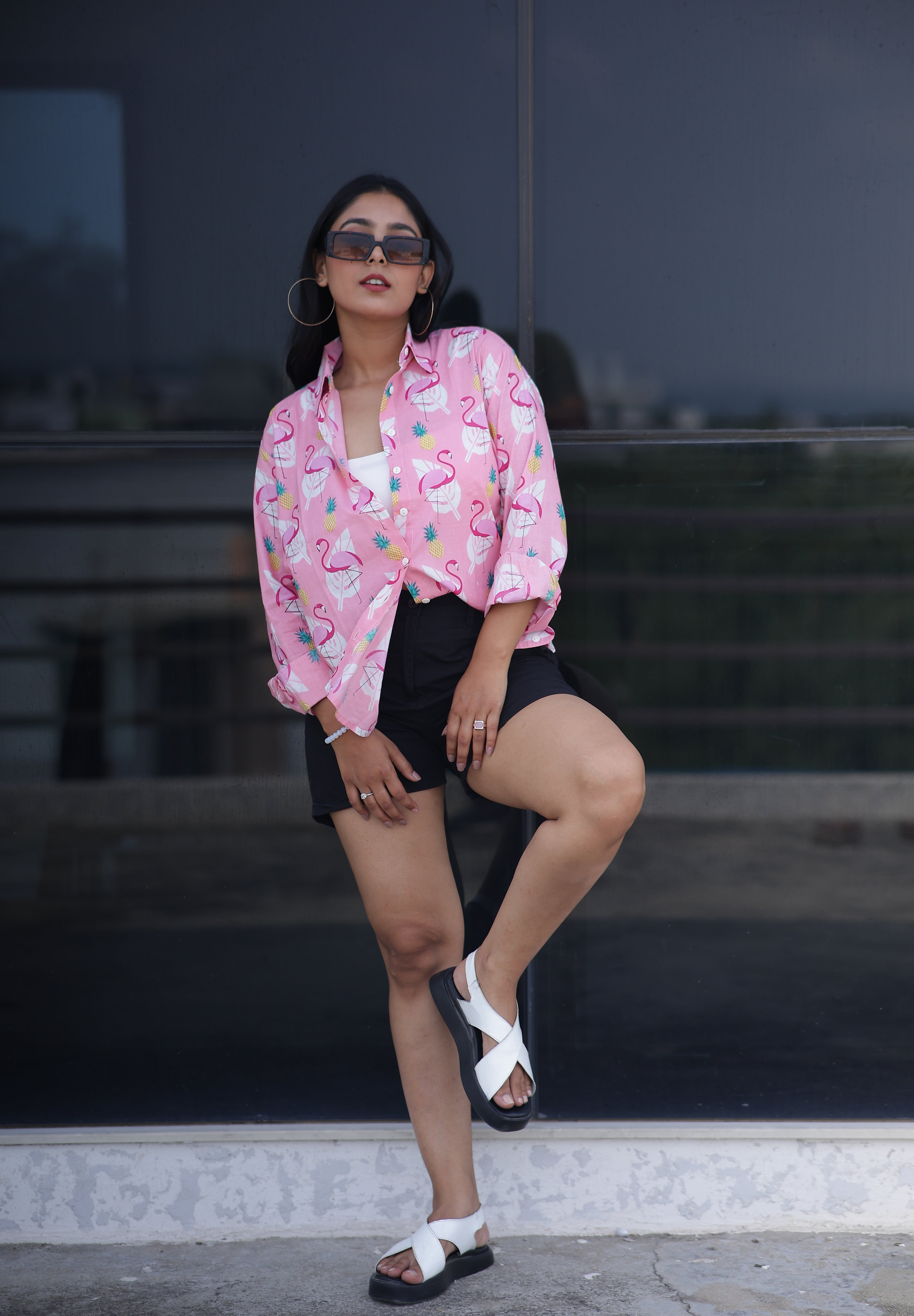Flamingos on Pink 100% Cotton Full Sleeves Women's Shirt