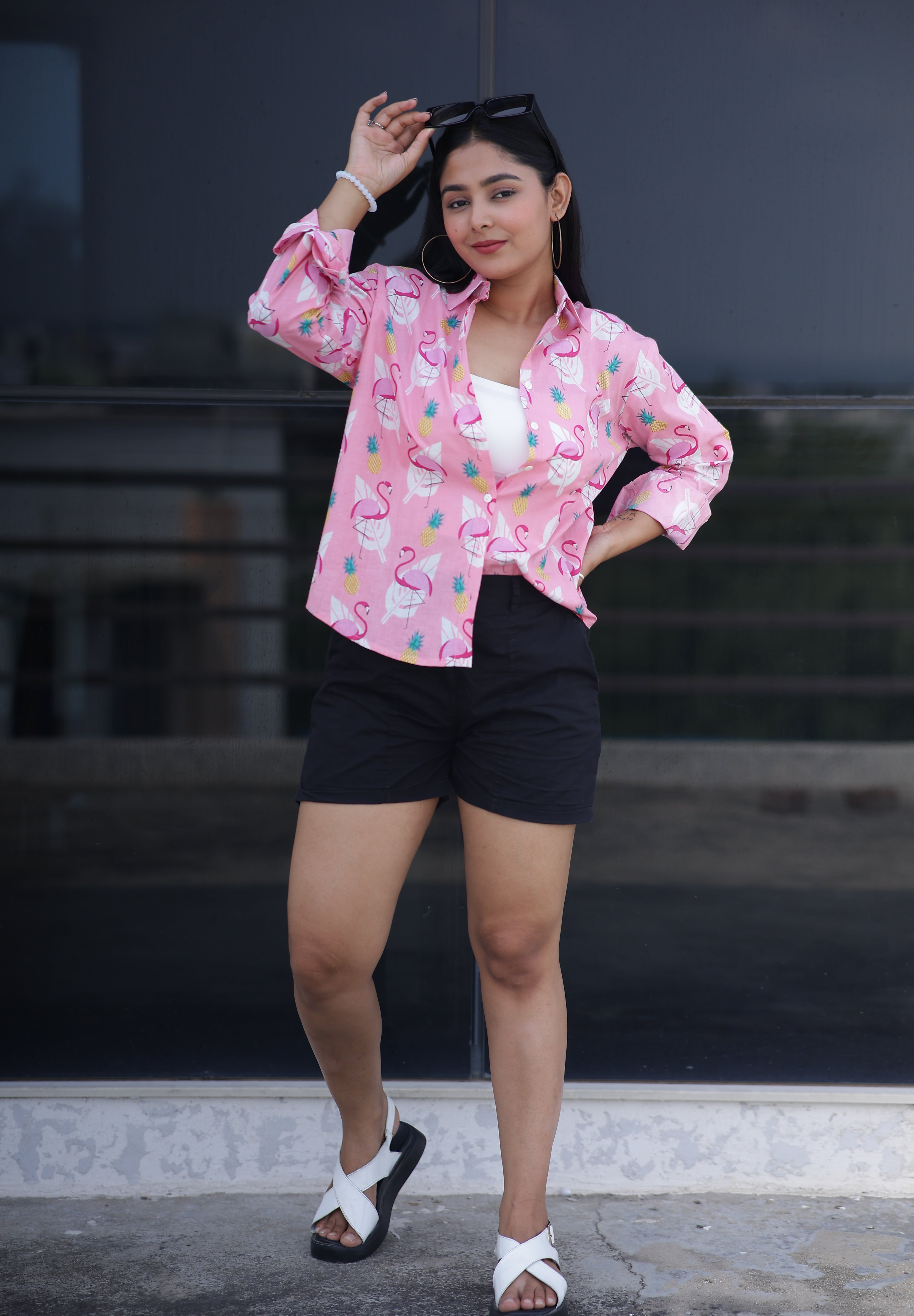 Flamingos on Pink 100% Cotton Full Sleeves Women's Shirt